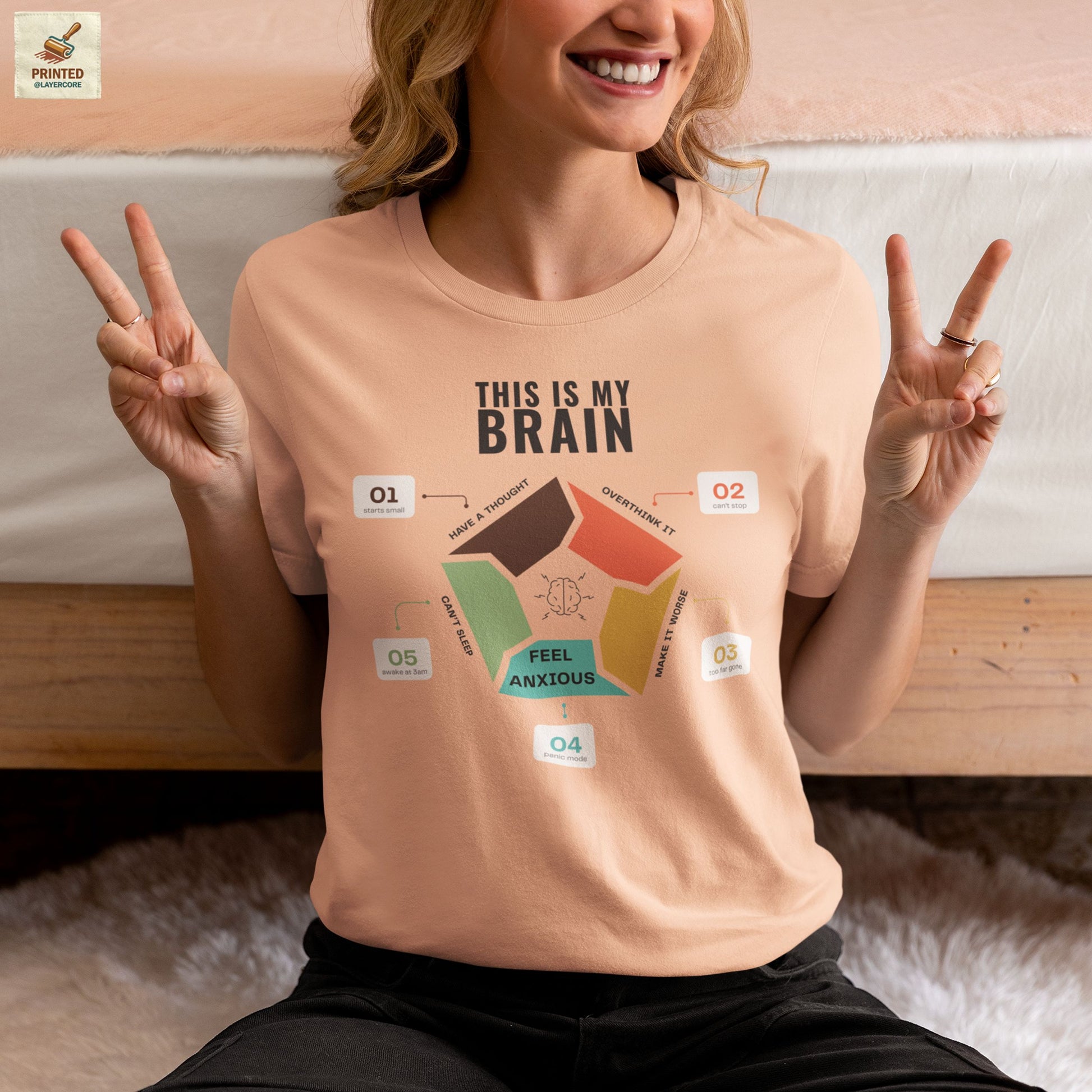 Minimalist peach coloured t-shirt showing a structured overthinking cycle with segmented diagram and clean typography, representing anxiety, sleeplessness, and mental loops in a subtle and modern visual style, worn by a young woman