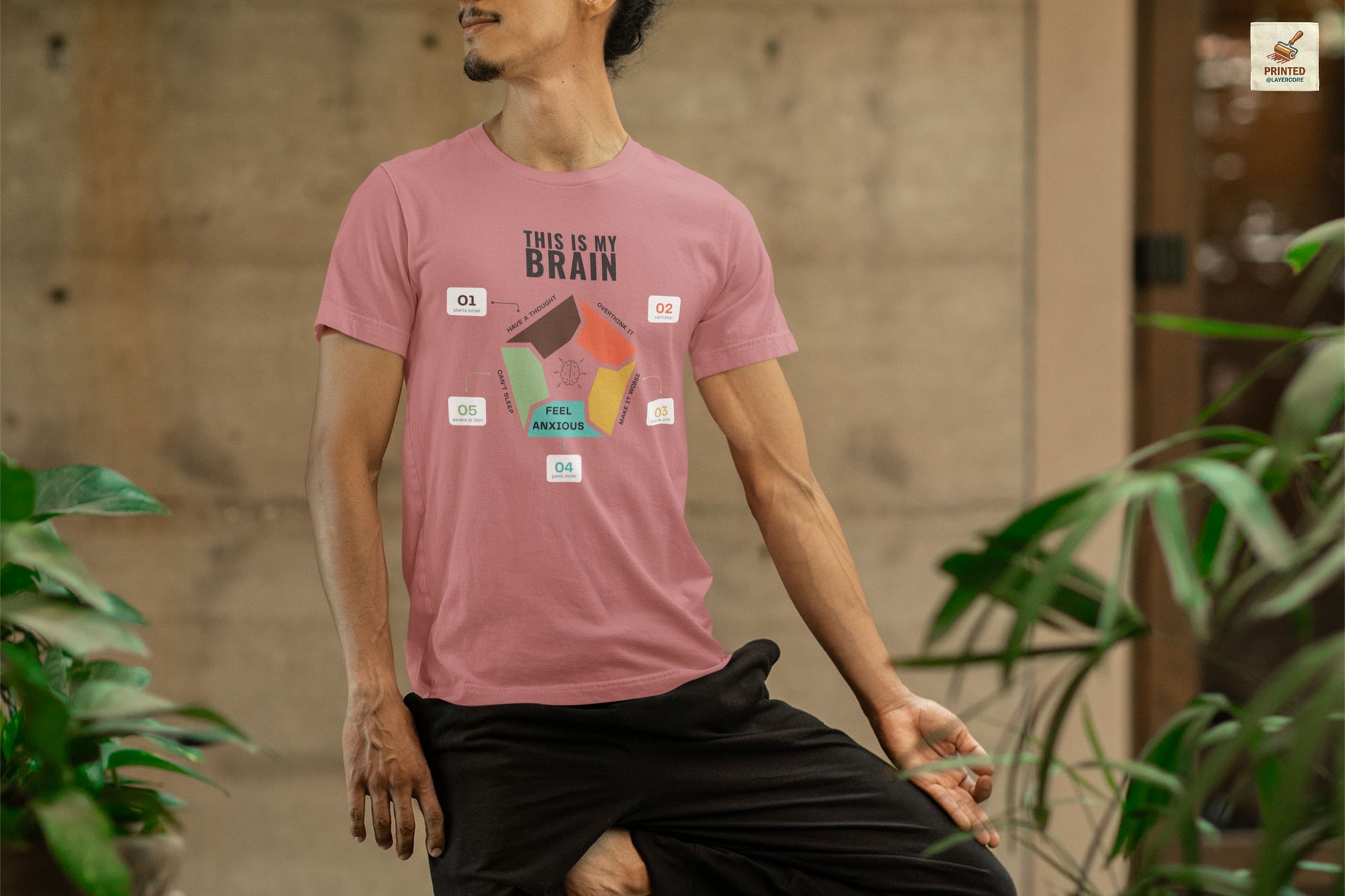 Minimalist mauve coloured t-shirt showing a structured overthinking cycle with segmented diagram and clean typography, representing anxiety, sleeplessness, and mental loops in a subtle and modern visual style, worn by a young man