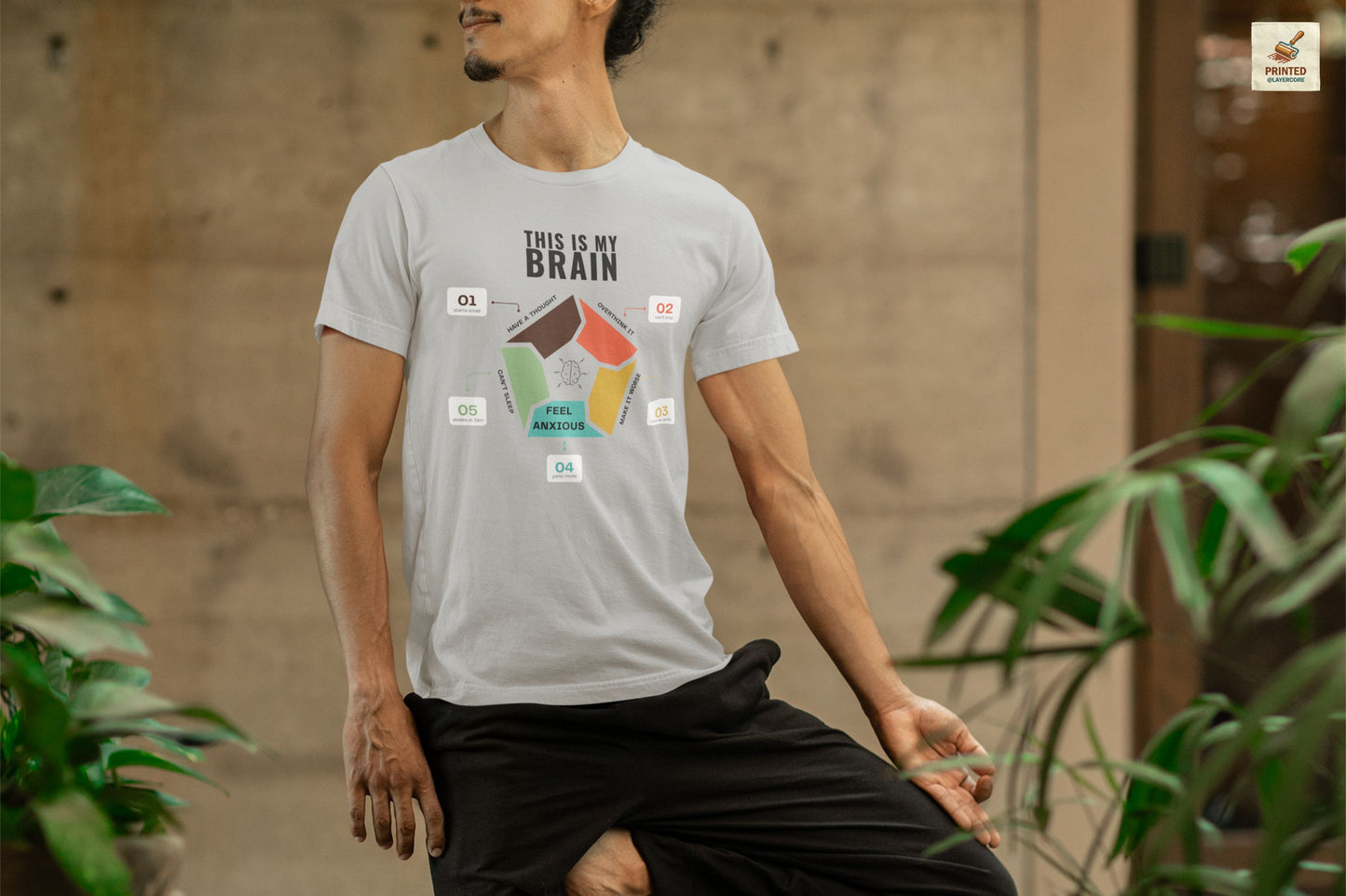 Minimalist grey coloured t-shirt showing a structured overthinking cycle with segmented diagram and clean typography, representing anxiety, sleeplessness, and mental loops in a subtle and modern visual style, worn by a young man