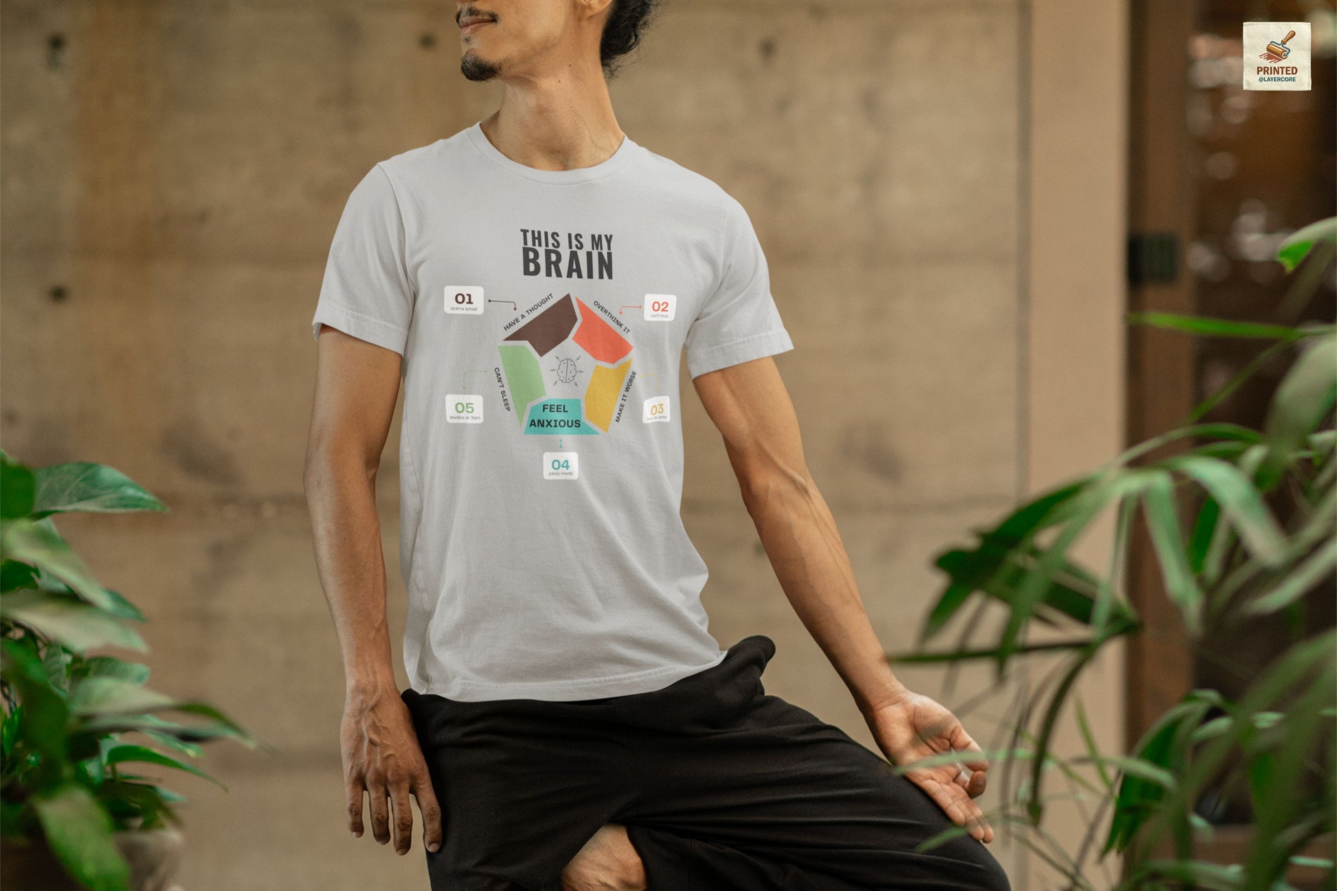 Minimalist grey coloured t-shirt showing a structured overthinking cycle with segmented diagram and clean typography, representing anxiety, sleeplessness, and mental loops in a subtle and modern visual style, worn by a young man
