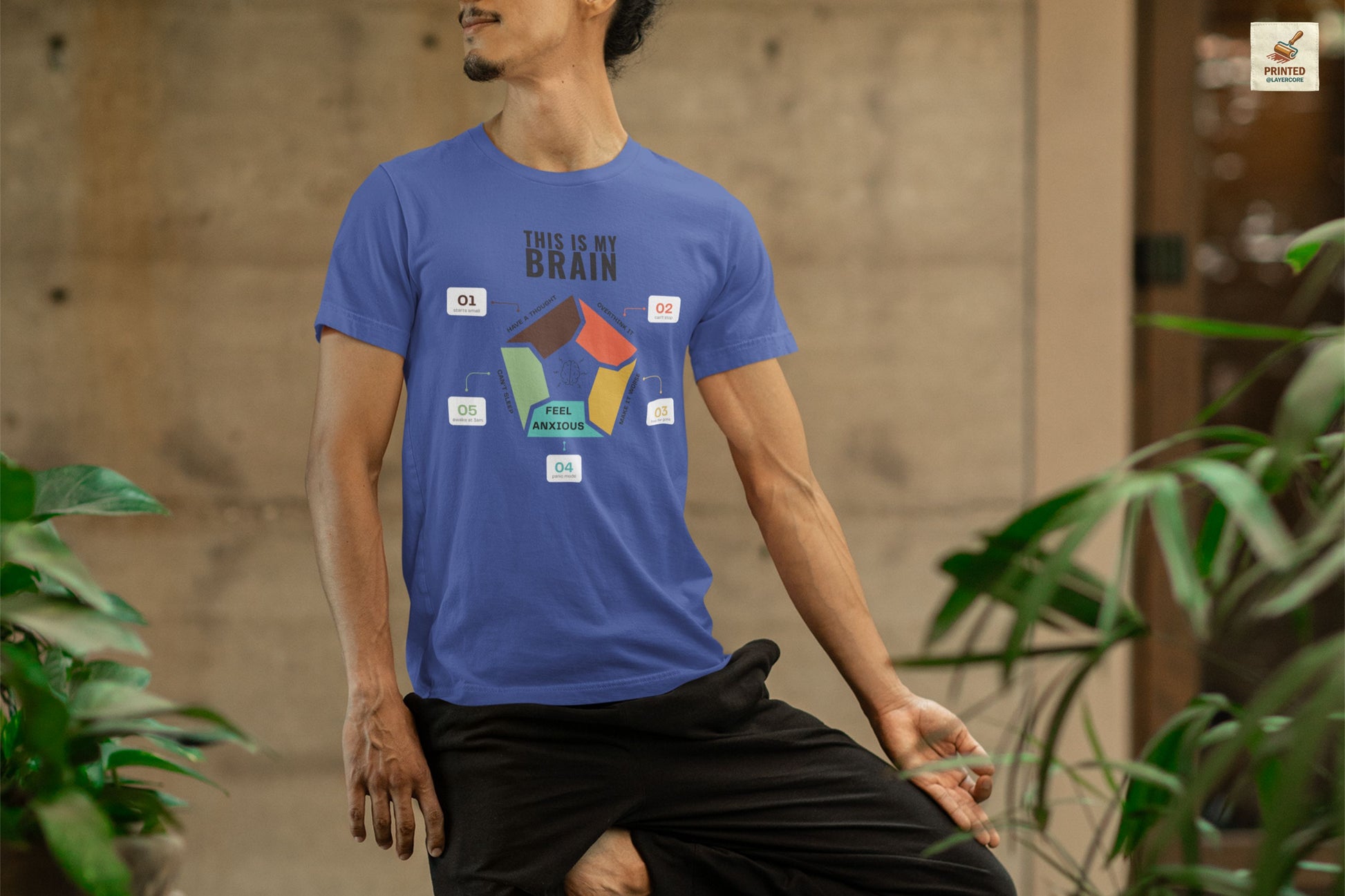 Minimalist blue coloured t-shirt showing a structured overthinking cycle with segmented diagram and clean typography, representing anxiety, sleeplessness, and mental loops in a subtle and modern visual style, worn by a young man