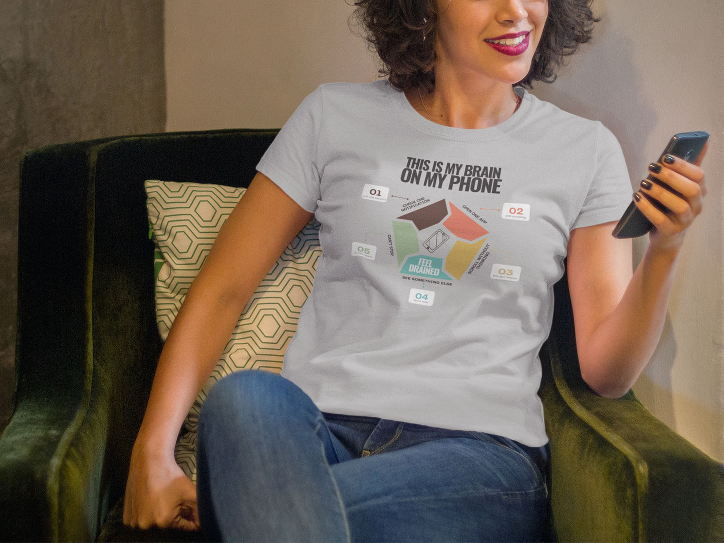 Minimalist doomscrolling cycle t-shirt  in grey, design reading “This Is My Brain on My Phone” with screen time steps and “Feel Drained” center worn by a young woman
