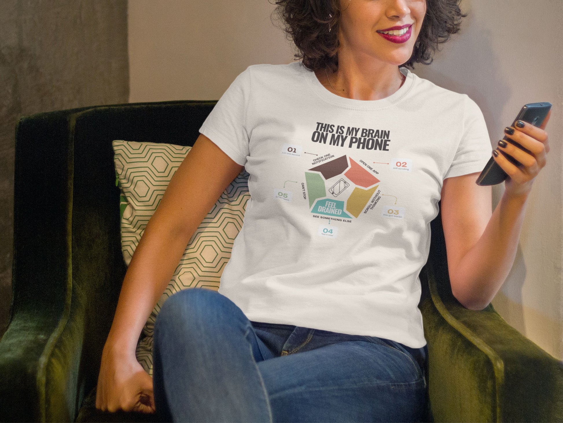 Minimalist doomscrolling cycle t-shirt in natural colour, design reading “This Is My Brain on My Phone” with screen time steps and “Feel Drained” center worn by a young woman
