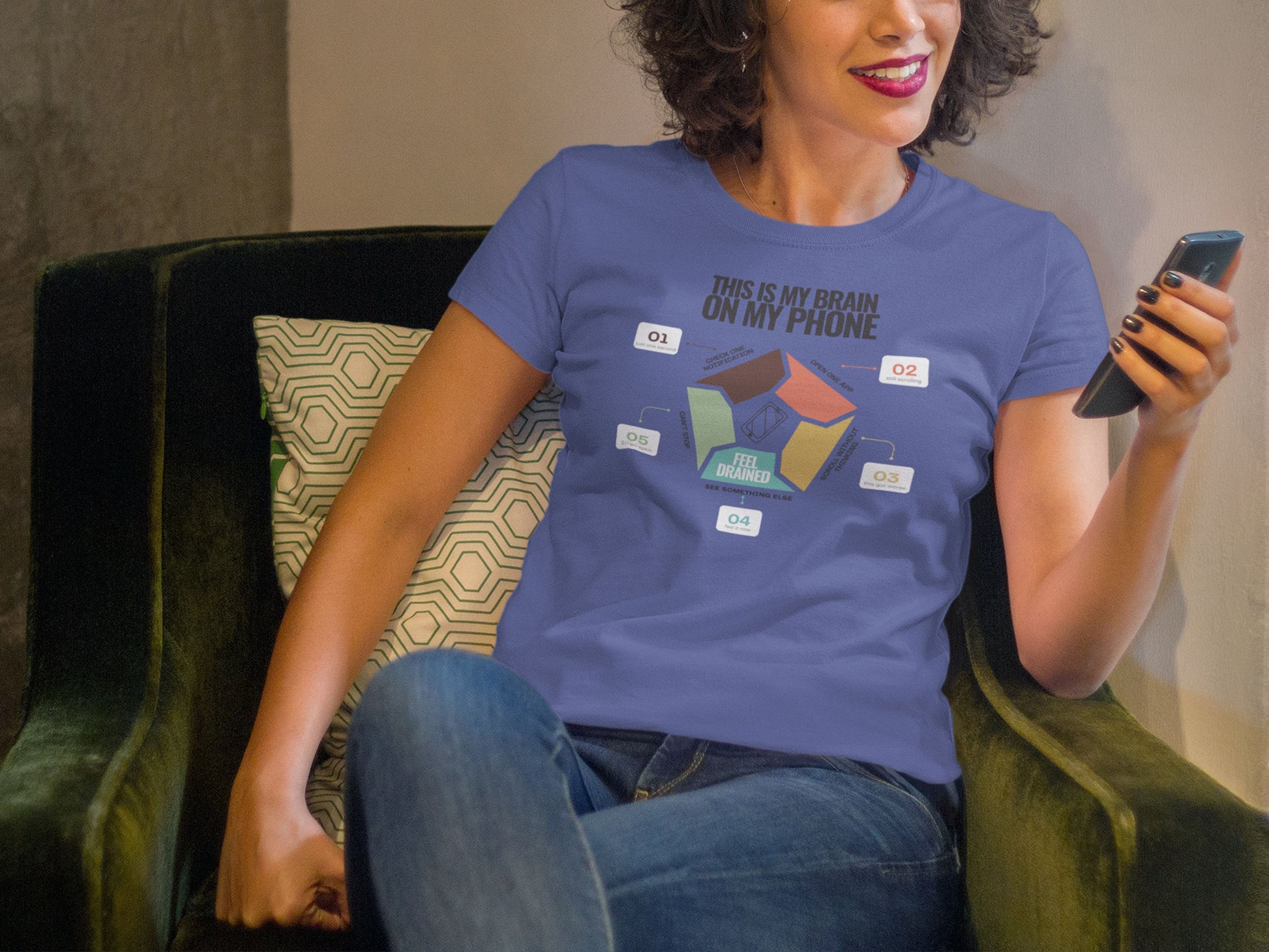Minimalist doomscrolling cycle t-shirt in blue, design reading “This Is My Brain on My Phone” with screen time steps and “Feel Drained” center worn by a young woman