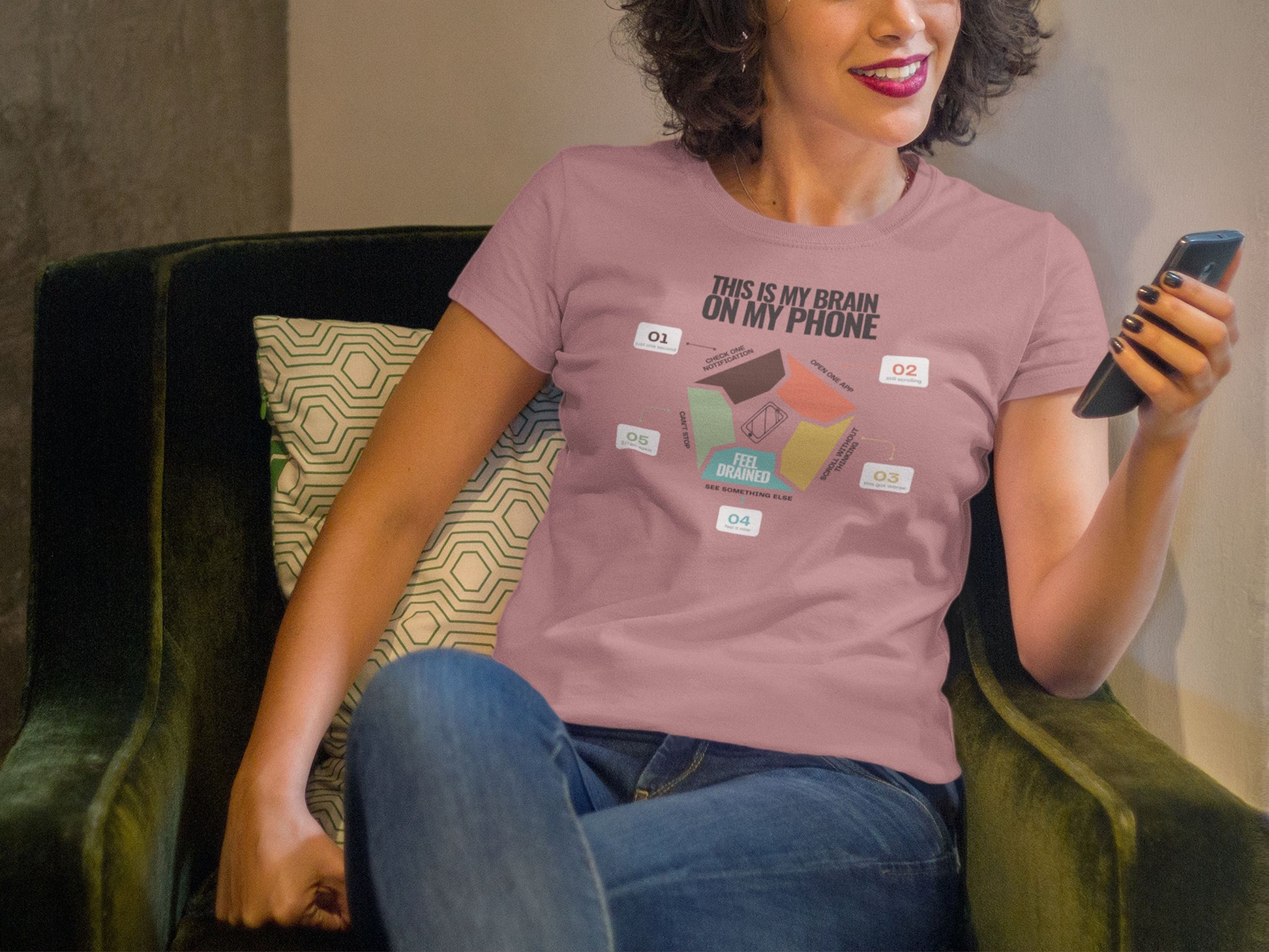 Minimalist doomscrolling cycle t-shirt in mauve, design reading “This Is My Brain on My Phone” with screen time steps and “Feel Drained” center worn by a young woman