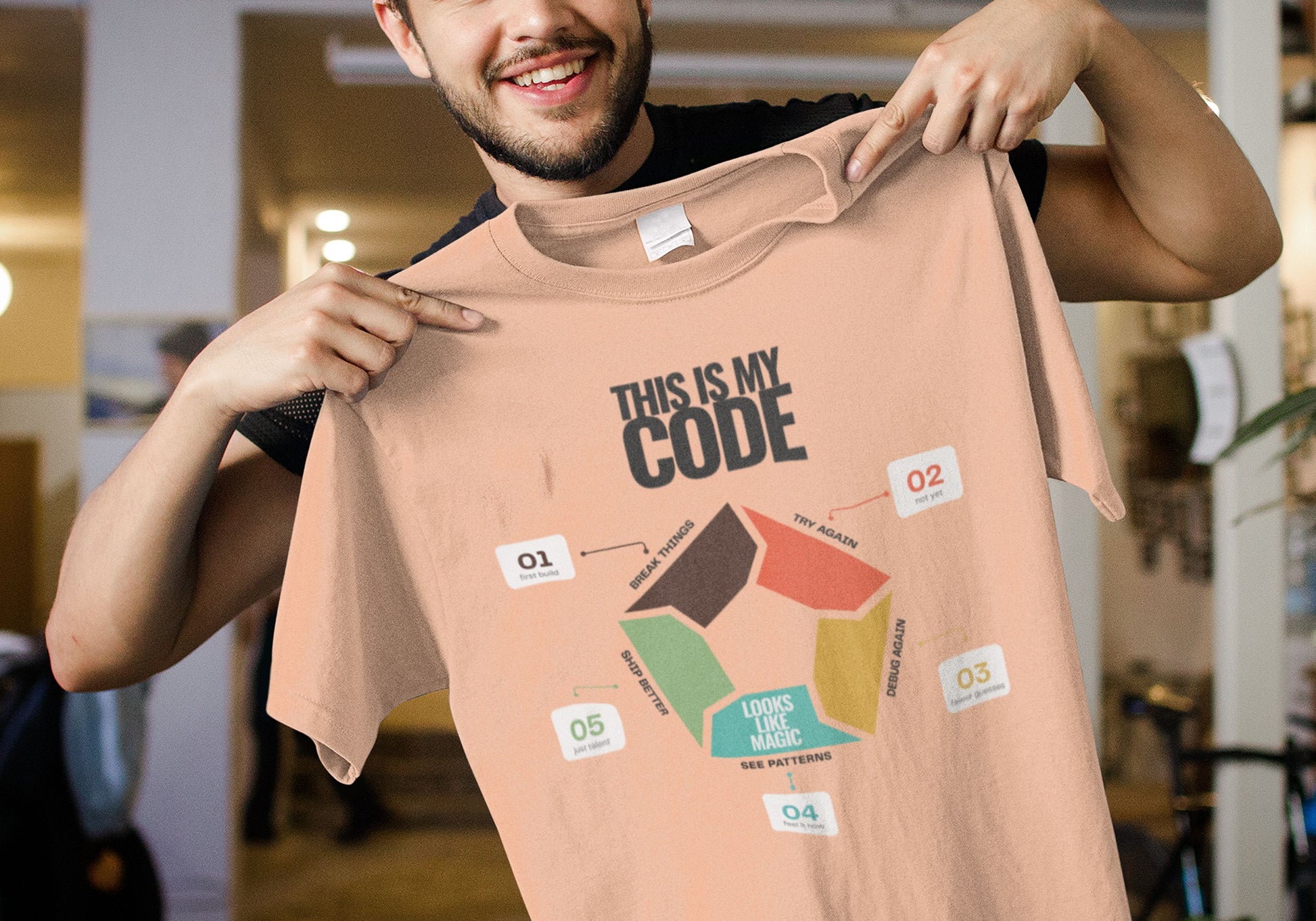 Minimal programmer shirt in peach coloured with This Is My Code heading and five-step coding infographic with numbered callouts, help up by a young man