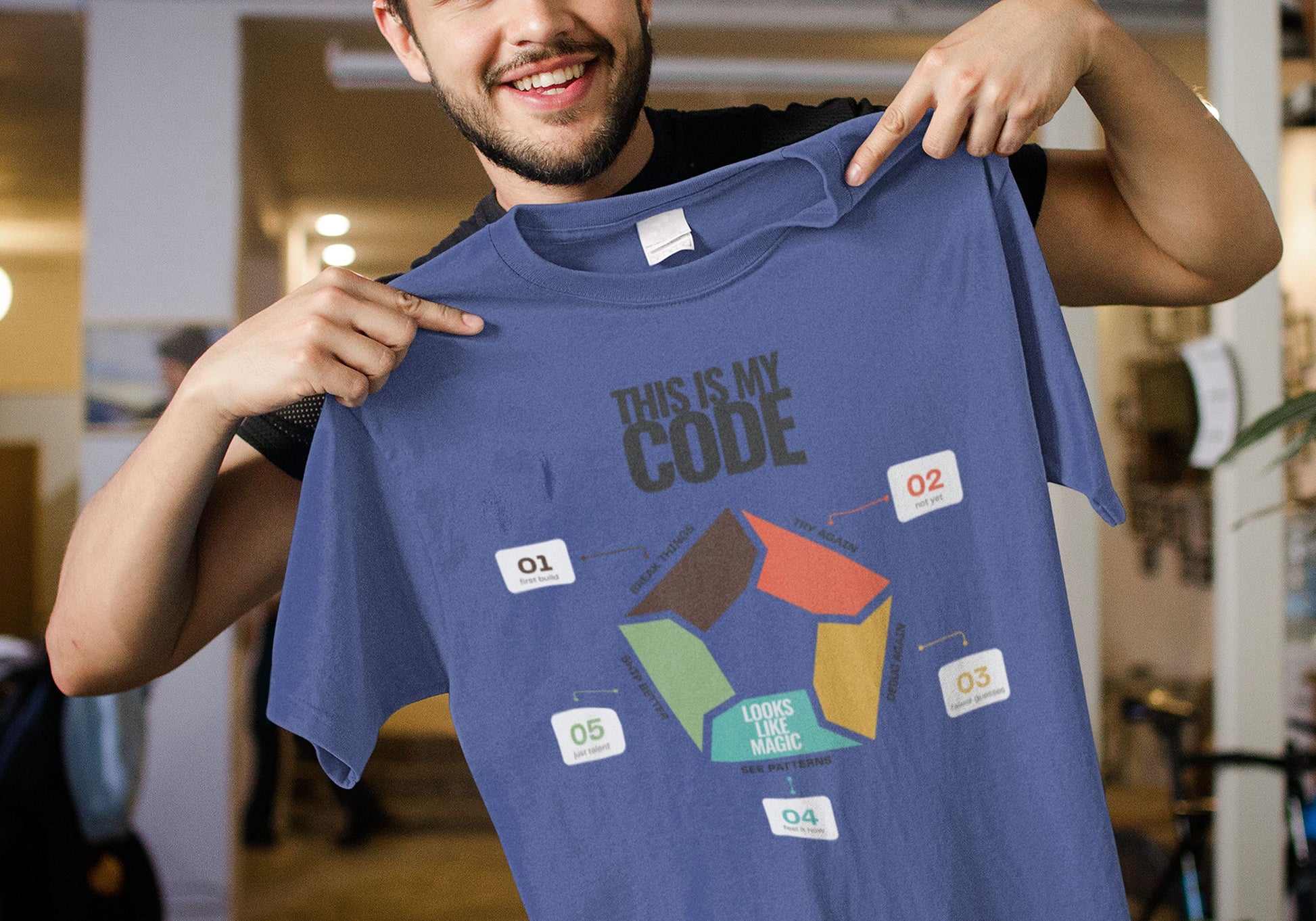Minimal programmer shirt in blue with This Is My Code heading and five-step coding infographic with numbered callouts, help up by a young man