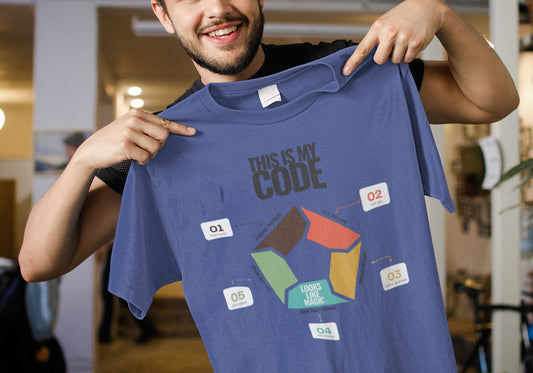 Minimal programmer shirt in blue with This Is My Code heading and five-step coding infographic with numbered callouts, help up by a young man