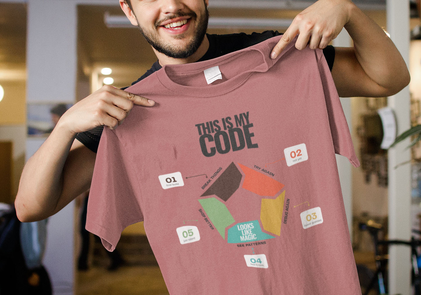 Minimal programmer shirt in mauve with This Is My Code heading and five-step coding infographic with numbered callouts, help up by a young man