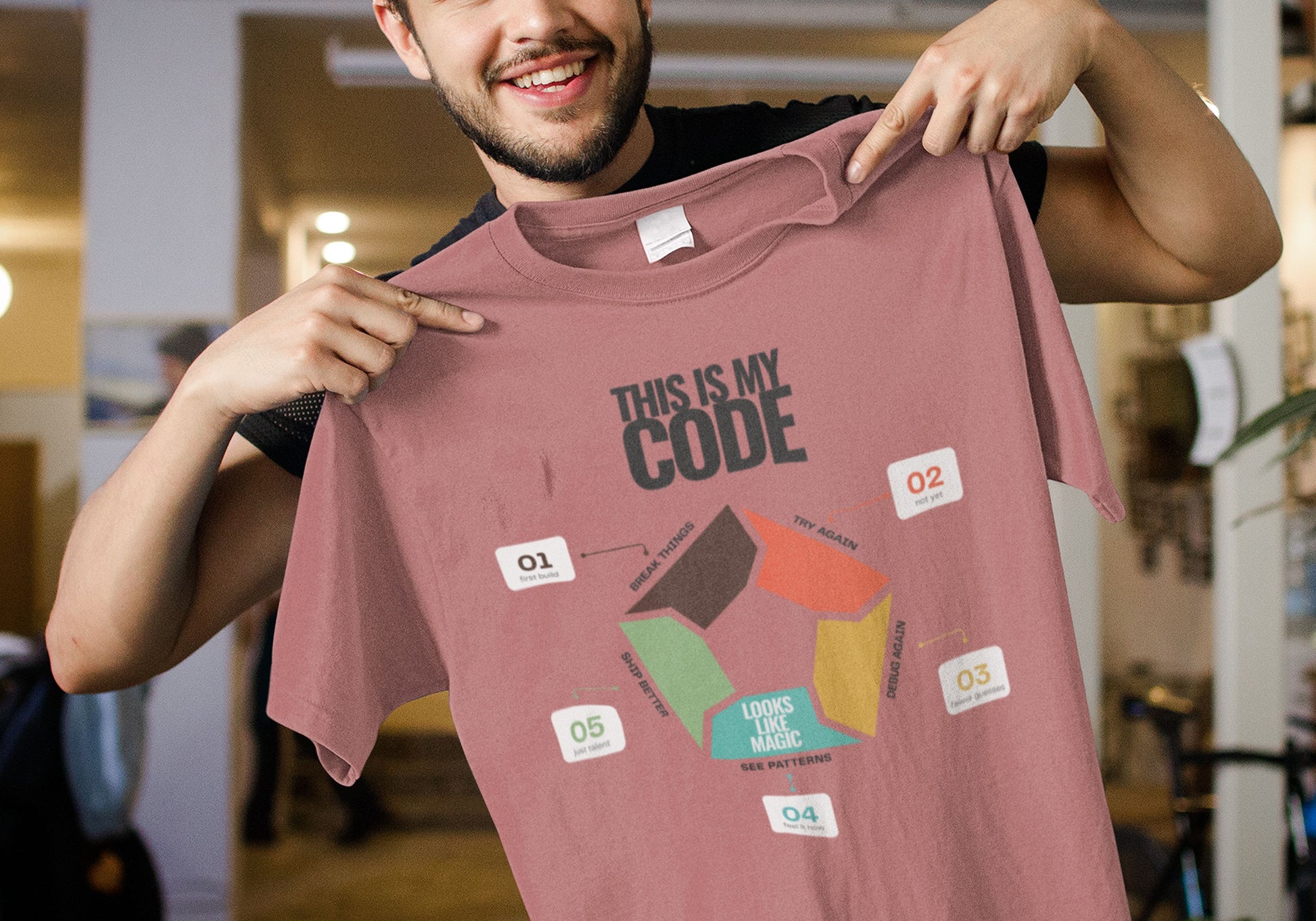 Minimal programmer shirt in mauve with This Is My Code heading and five-step coding infographic with numbered callouts, help up by a young man
