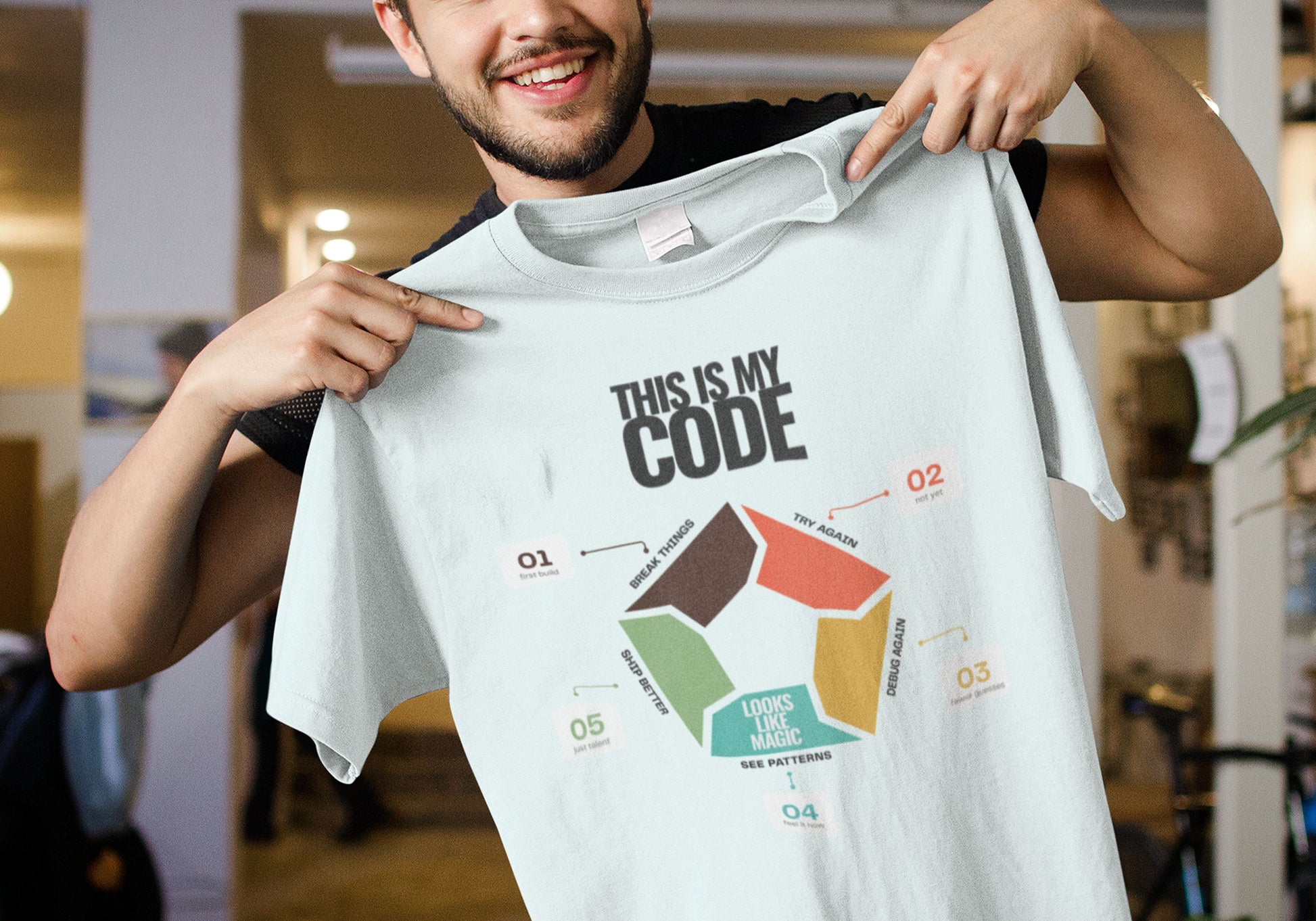 Minimal programmer shirt in heather ice with This Is My Code heading and five-step coding infographic with numbered callouts, help up by a young man