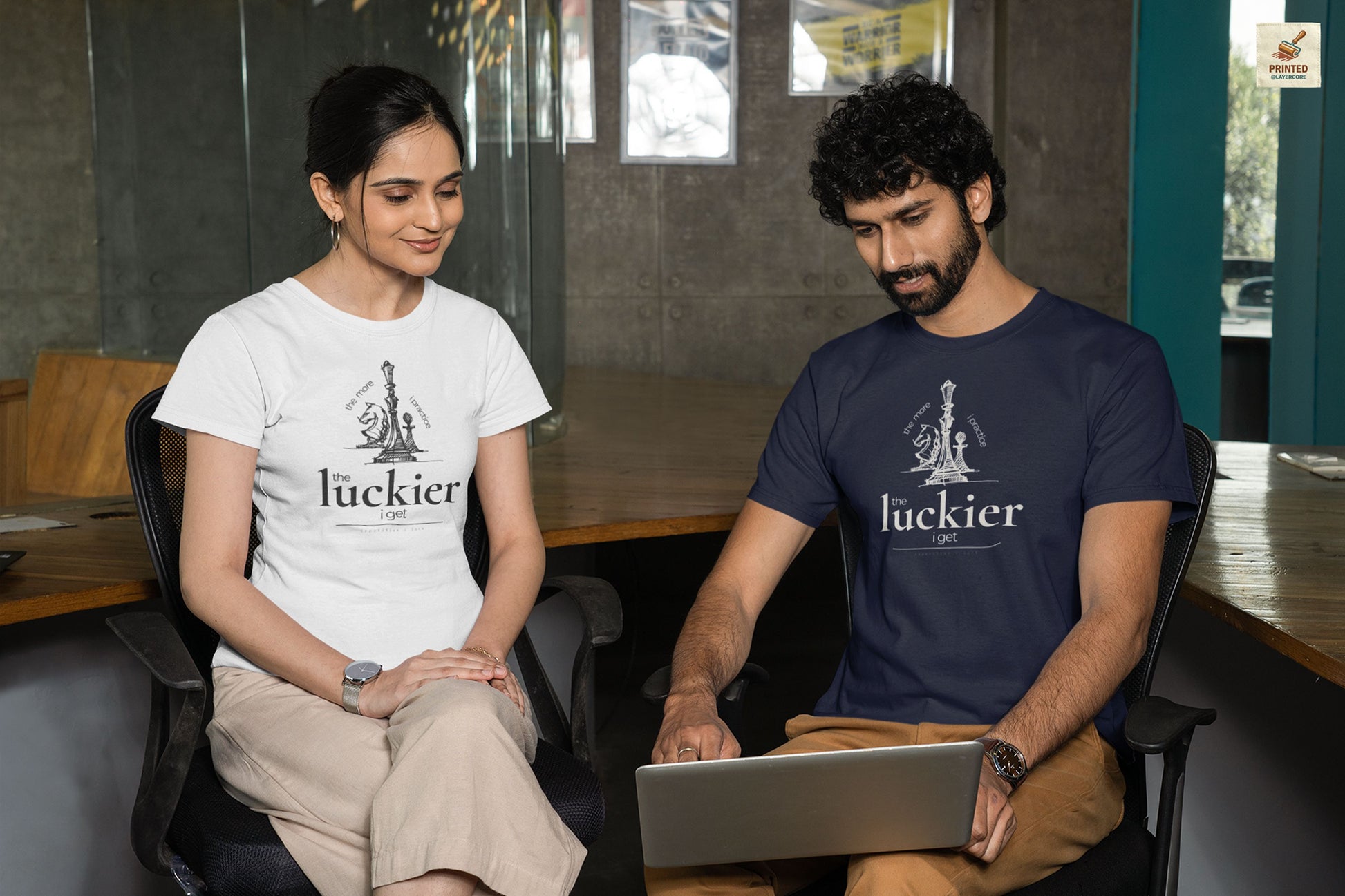 dark blue and white coloured shirt mockups showing vintage chess sketch and the phrase the more I practice the luckier I get