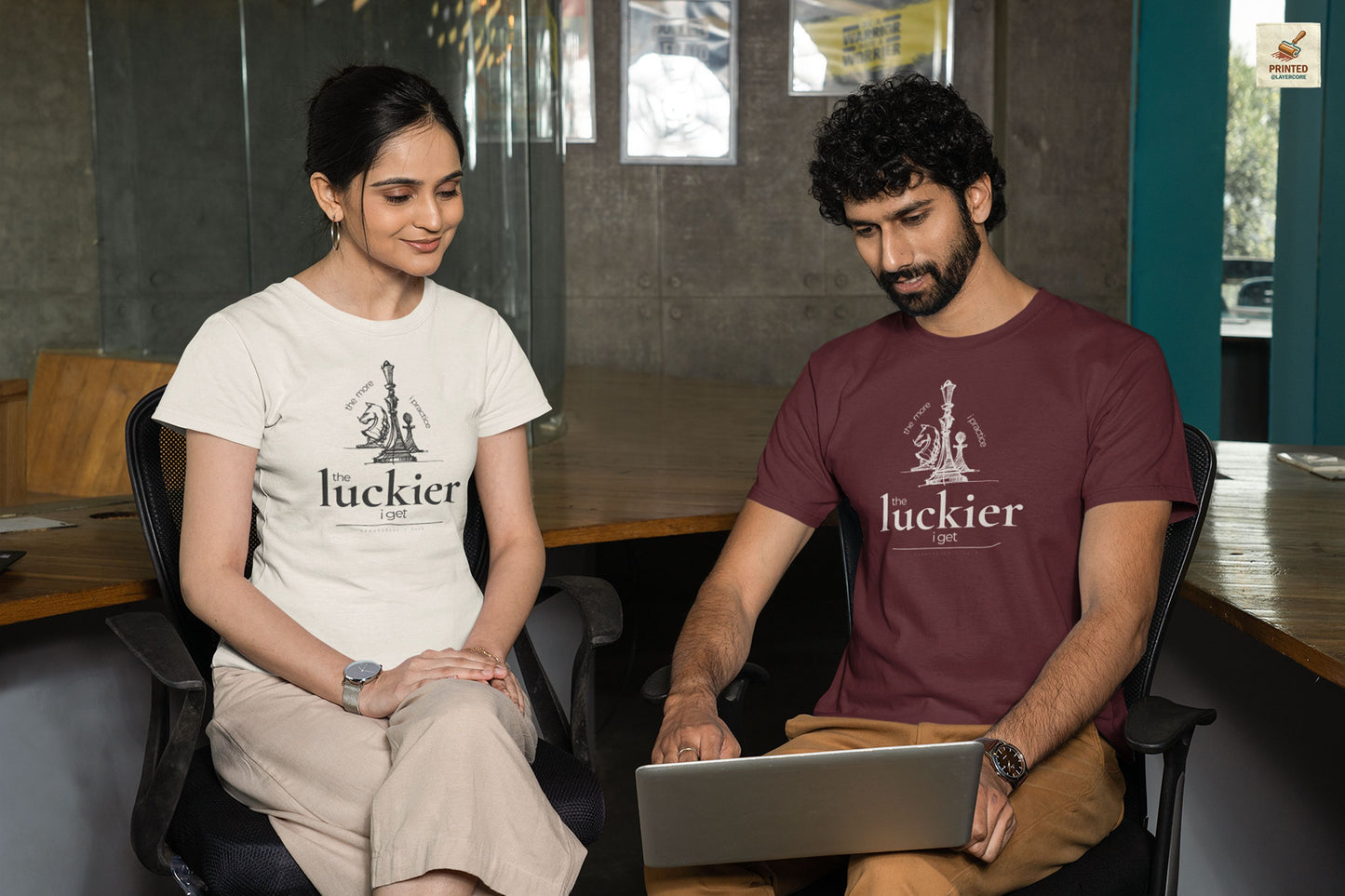 maroon and natural coloured shirt mockups showing vintage chess sketch and the phrase the more I practice the luckier I get