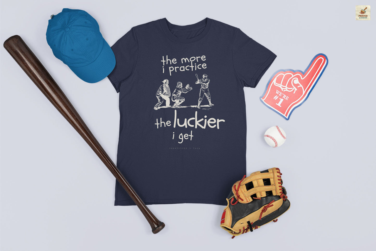 Funny baseball quote blue shirt with vintage batter catcher umpire illustration on Bella + Canvas 3001 unisex tee