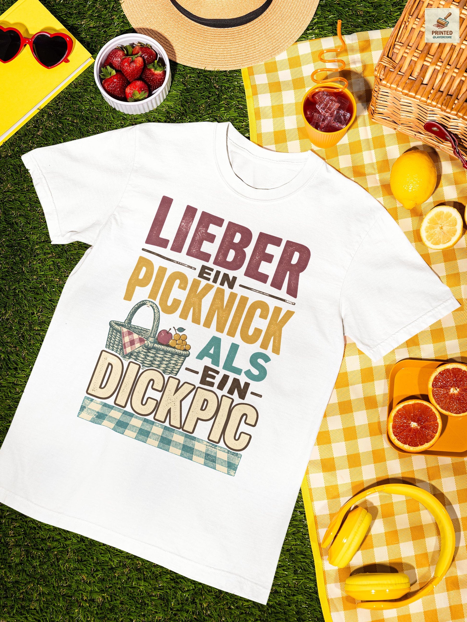 Vintage Picknick Shirt Damen mit frechem Sommer Spruch und Retro Korb Design