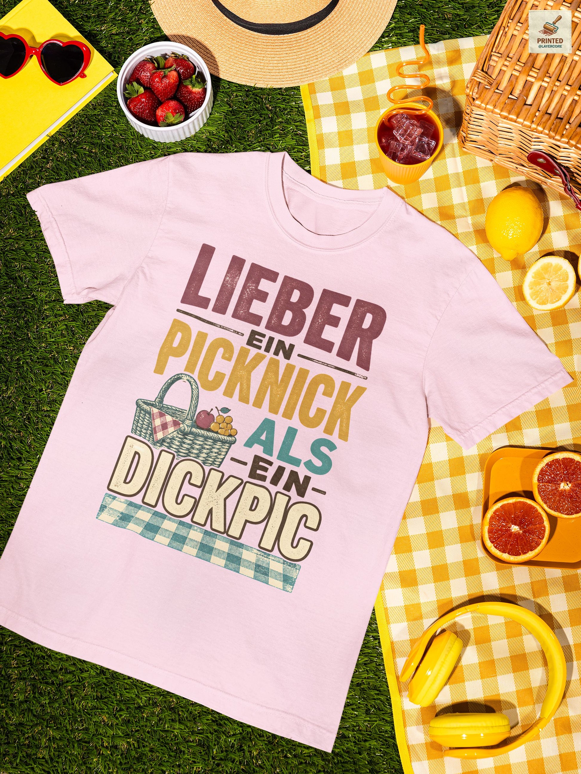 Vintage Picknick Shirt Damen mit frechem Sommer Spruch und Retro Korb Design in pink