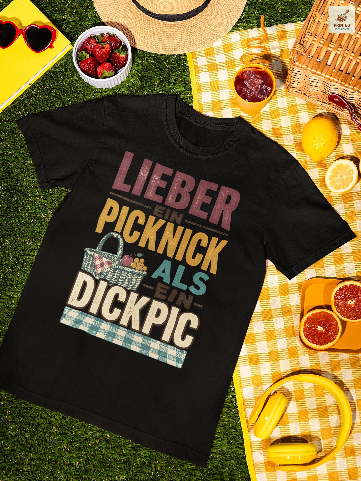 Vintage Picknick Shirt Damen mit frechem Sommer Spruch und Retro Korb Design in schwarz