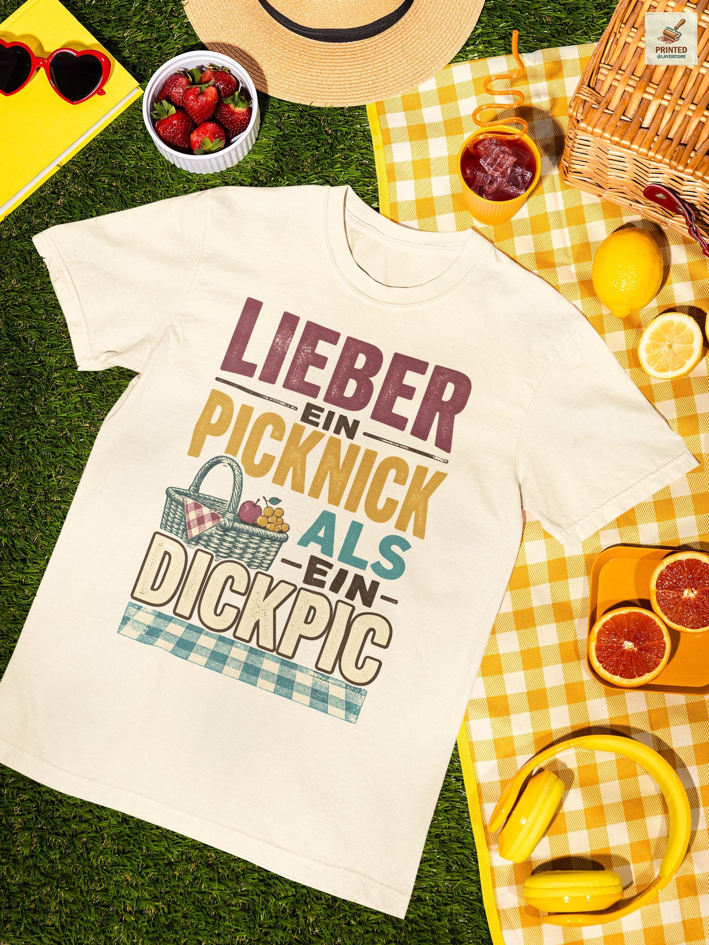 Vintage Picknick Shirt Damen mit frechem Sommer Spruch und Retro Korb Design in natural farben