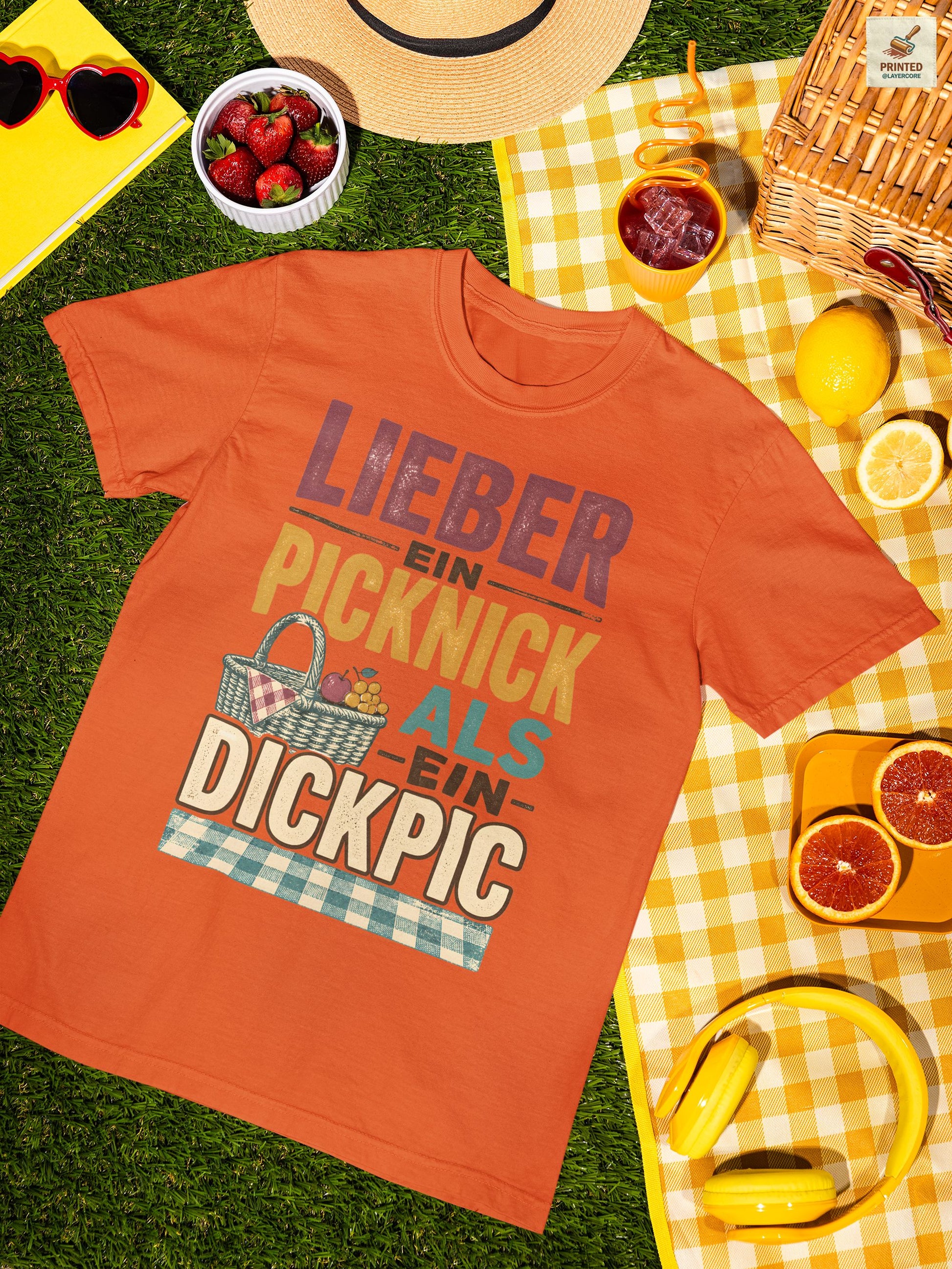 Vintage Picknick Shirt Damen mit frechem Sommer Spruch und Retro Korb Design in orange