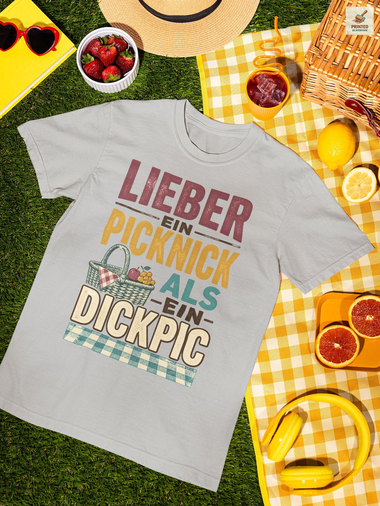 Vintage Picknick Shirt Damen mit frechem Sommer Spruch und Retro Korb Design in grau