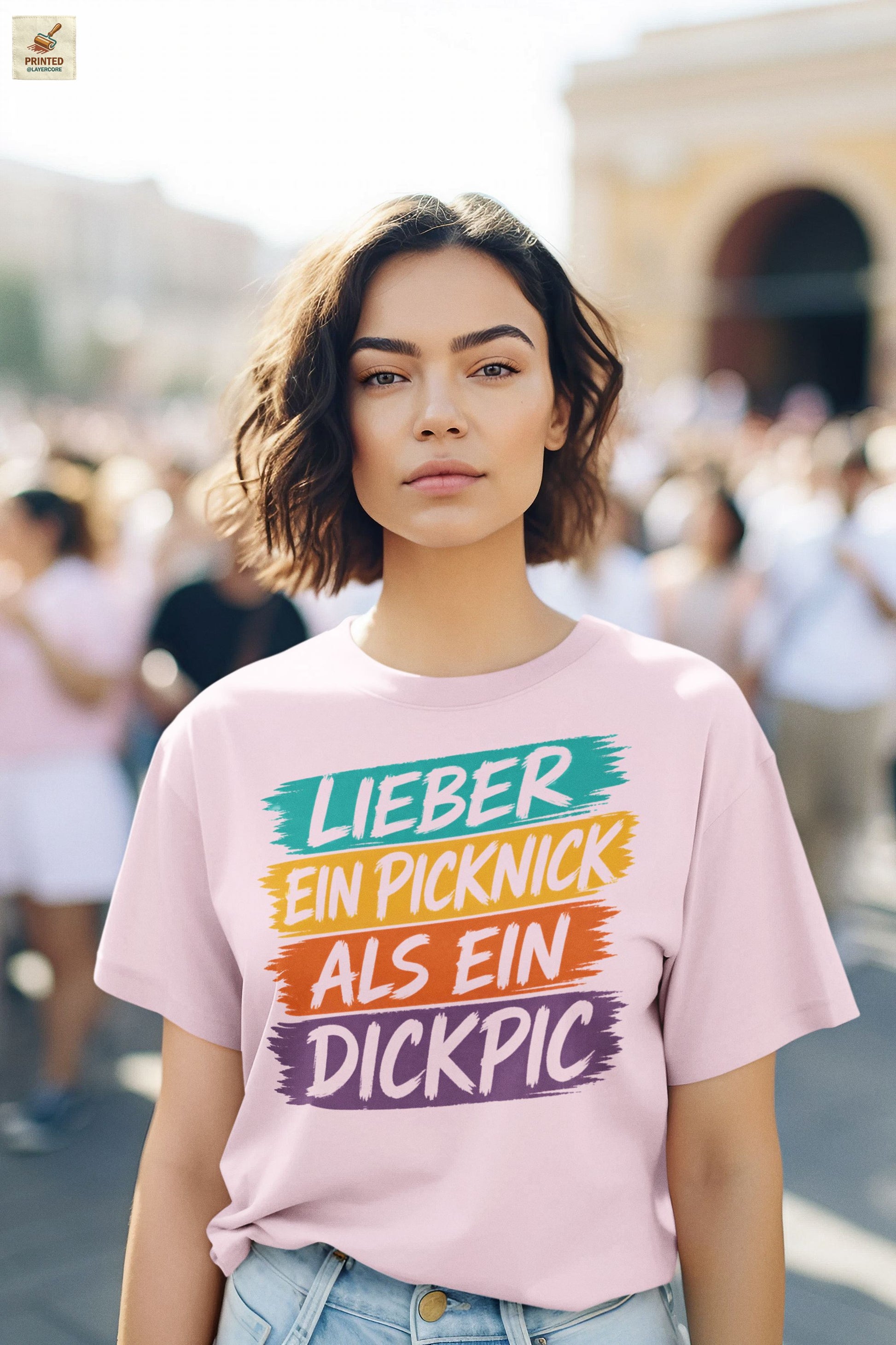 Anti Dickpic Shirt Frauen mit buntem Brushstroke Spruch und feministischer Haltung in pink