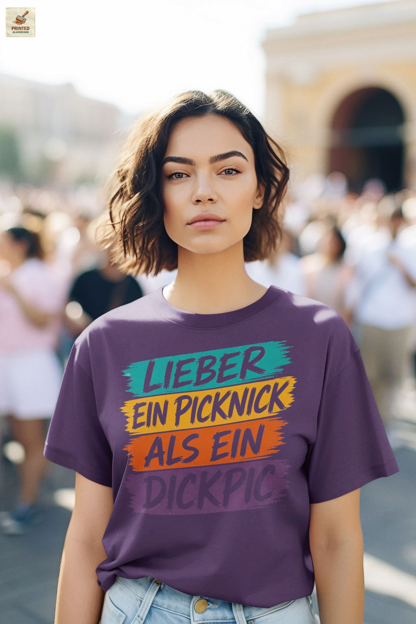 Anti Dickpic Shirt Frauen mit buntem Brushstroke Spruch und feministischer Haltung in lila