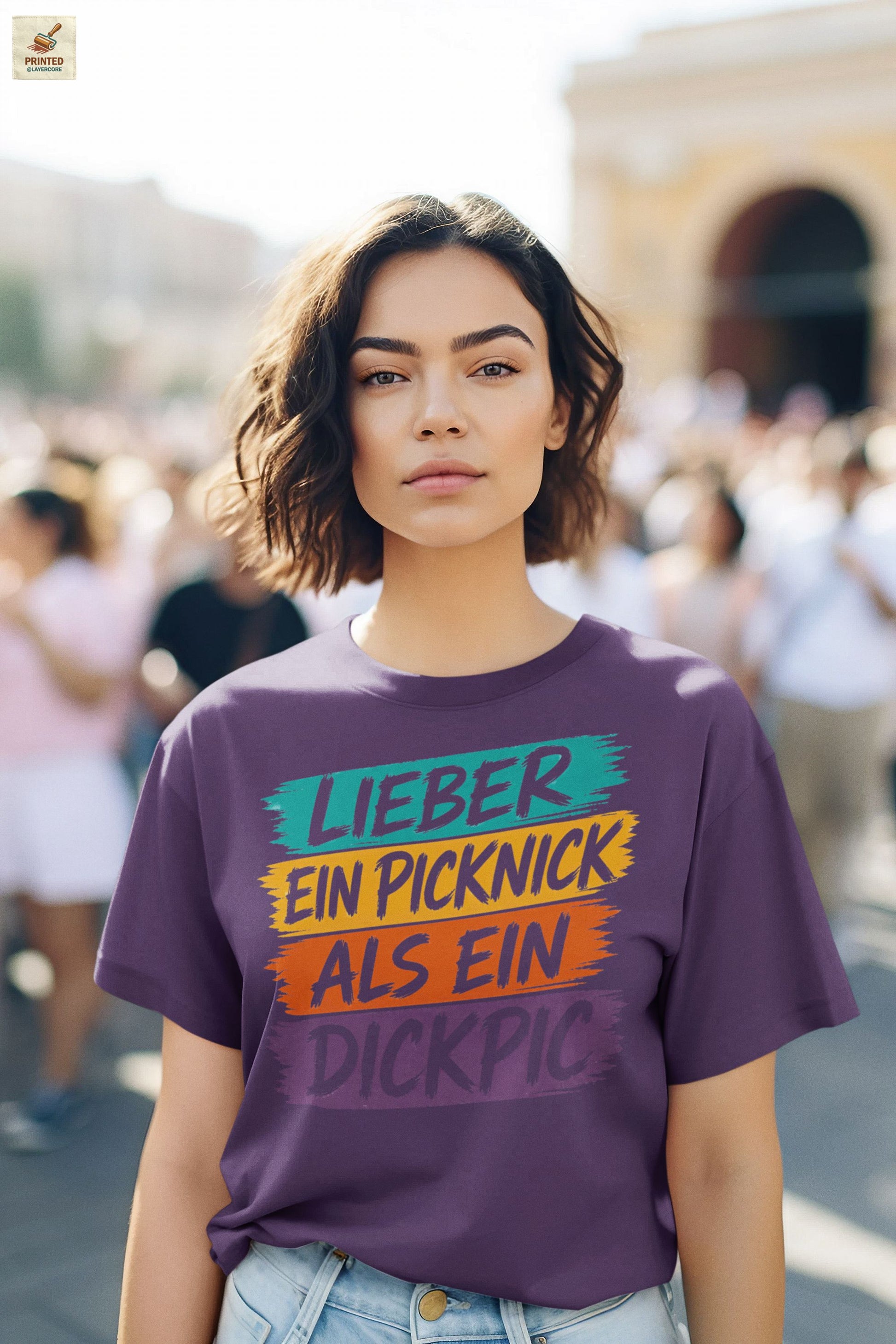 Anti Dickpic Shirt Frauen mit buntem Brushstroke Spruch und feministischer Haltung in lila