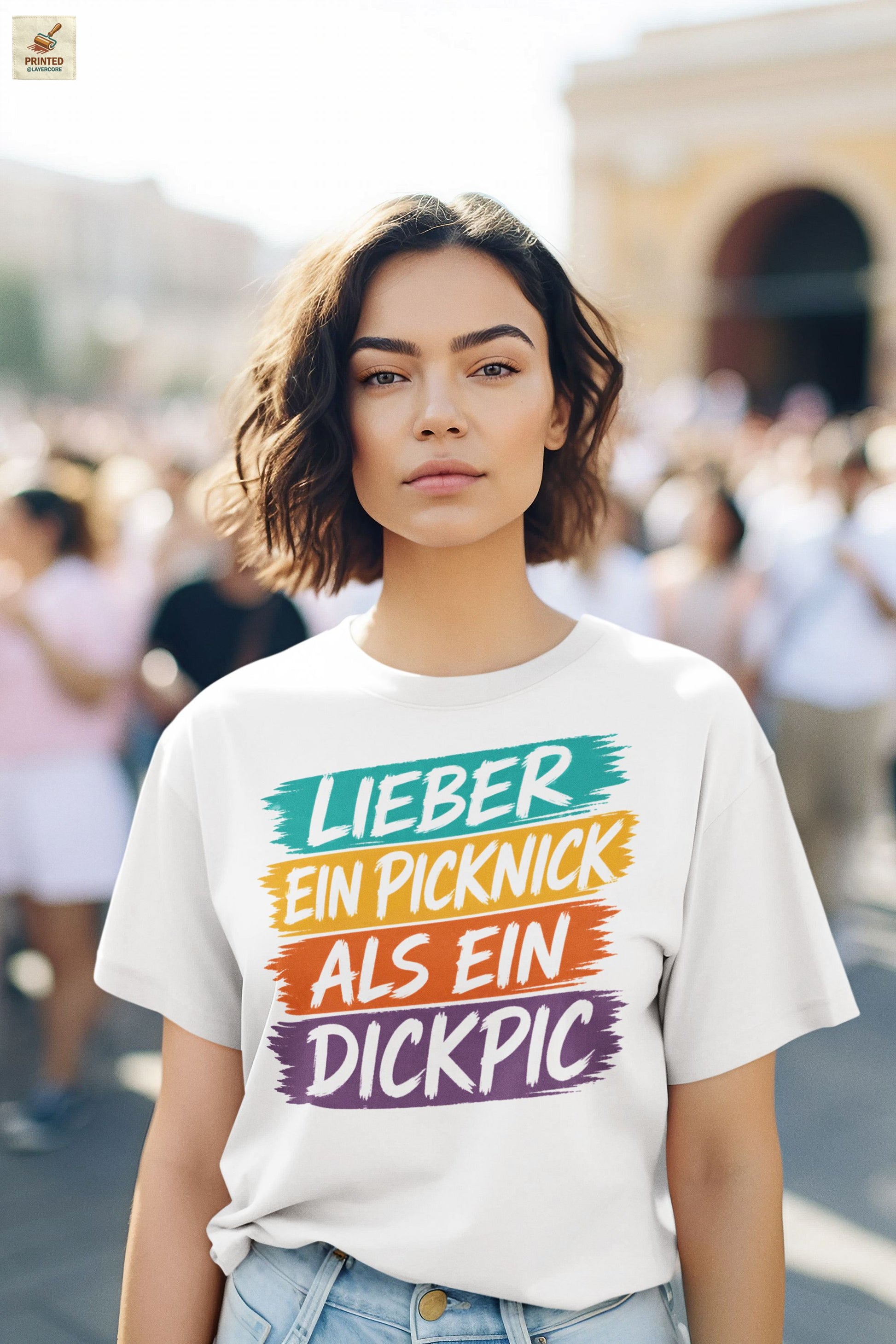 Anti Dickpic Shirt Frauen mit buntem Brushstroke Spruch und feministischer Haltung in weiß