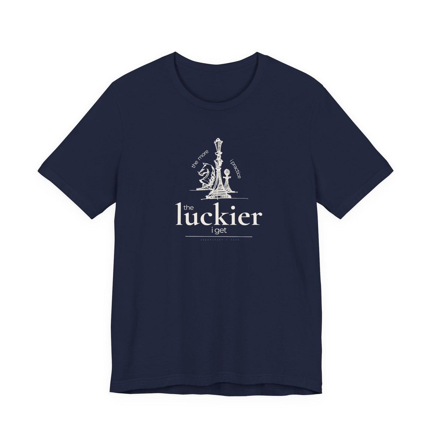 dark blue shirt mockup showing vintage chess sketch and the phrase the more I practice the luckier I get