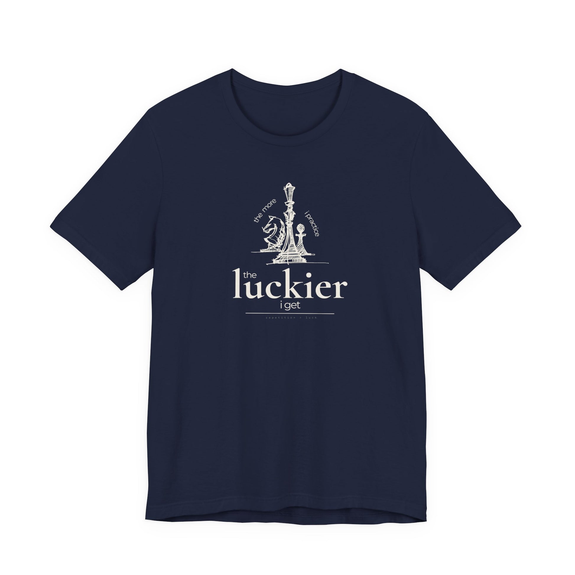 dark blue shirt mockup showing vintage chess sketch and the phrase the more I practice the luckier I get