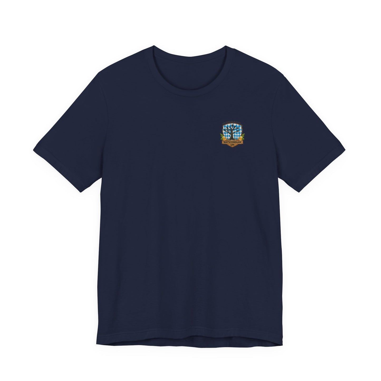 Watschnbaam blaues T-Shirt in Stick-Optik (Druck), bayerisches Wappen mit Händen als Äste, Bierkrügen und Hopfen.