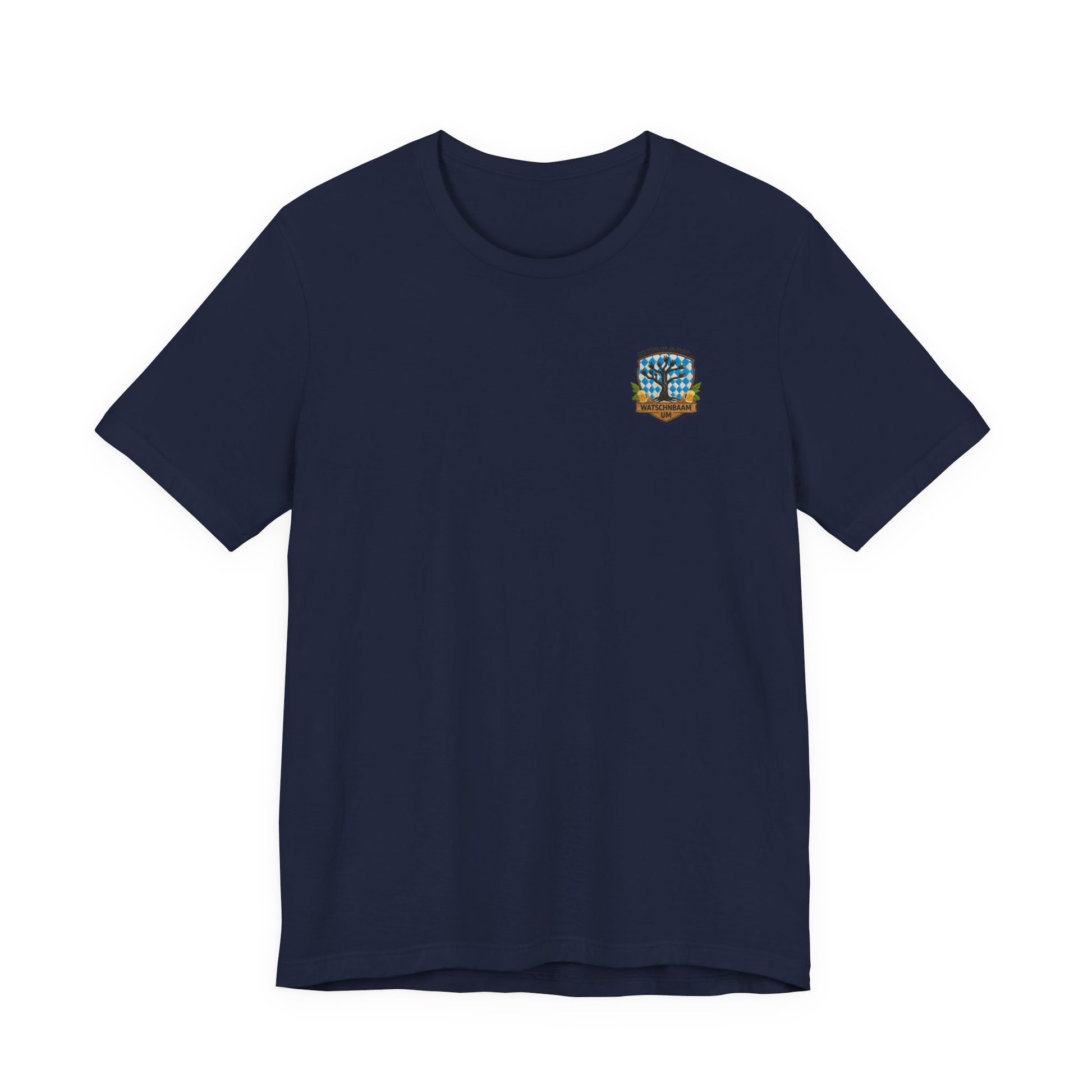 Watschnbaam blaues T-Shirt in Stick-Optik (Druck), bayerisches Wappen mit Händen als Äste, Bierkrügen und Hopfen.