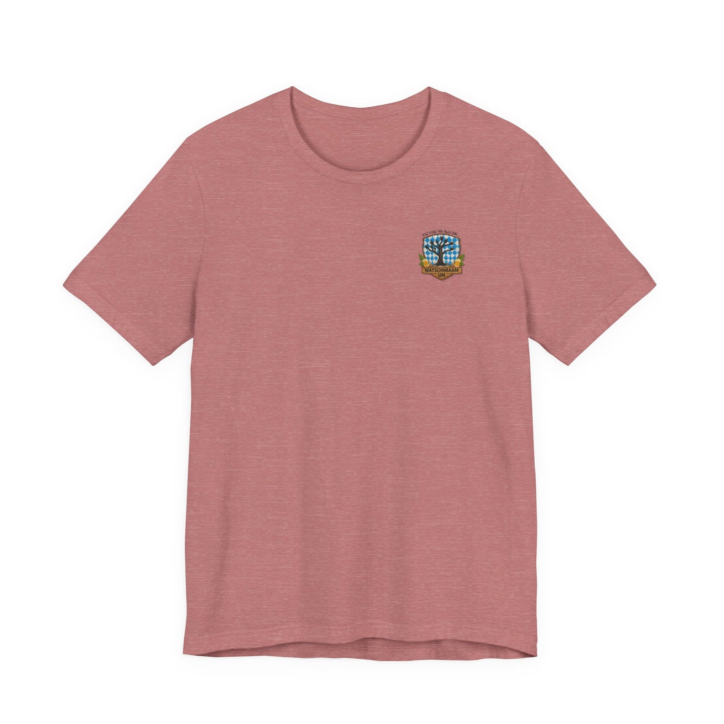 Watschnbaampeachfarbenes T-Shirt in Stick-Optik (Druck), bayerisches Wappen mit Händen als Äste, Bierkrügen und Hopfen.