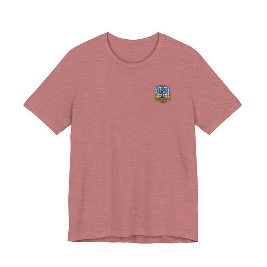 Watschnbaampeachfarbenes T-Shirt in Stick-Optik (Druck), bayerisches Wappen mit Händen als Äste, Bierkrügen und Hopfen.