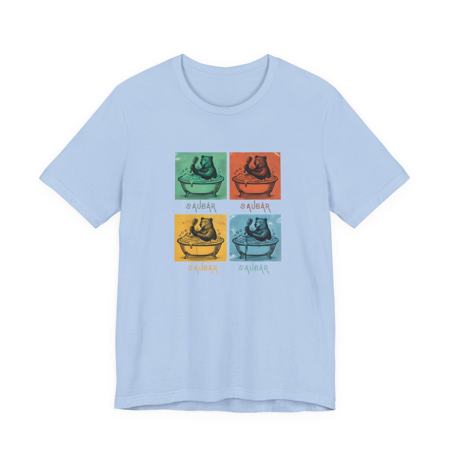 Vintage-Illustration eines Bären in einer Badewanne mit dem Schriftzug Saubär auf einem hellblauem T-Shirt