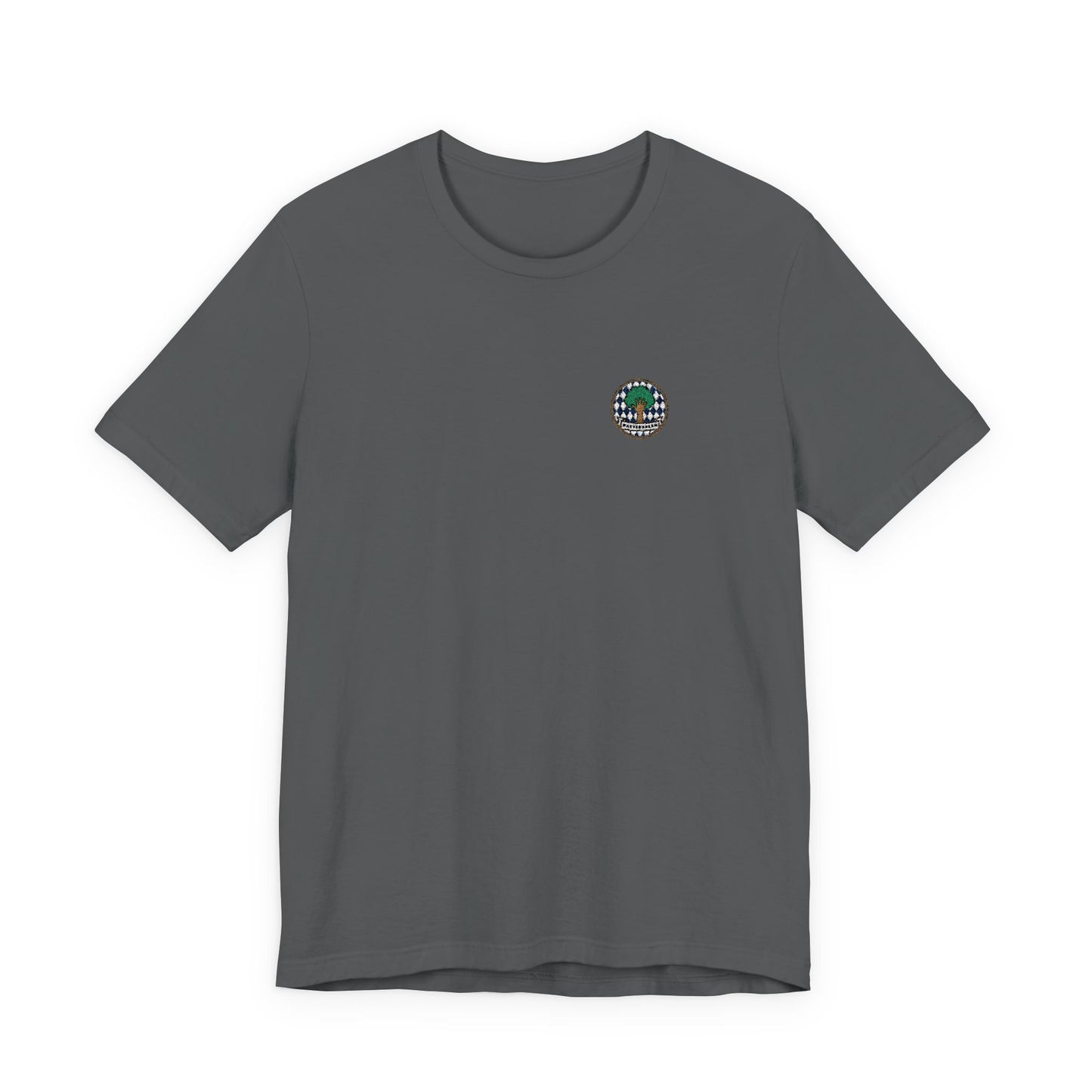 Besticktes Watschnbaam T-Shirt mit Bayern-Rauten, Baum und Hand für bayerischen Dialekt-Humor in asphalt