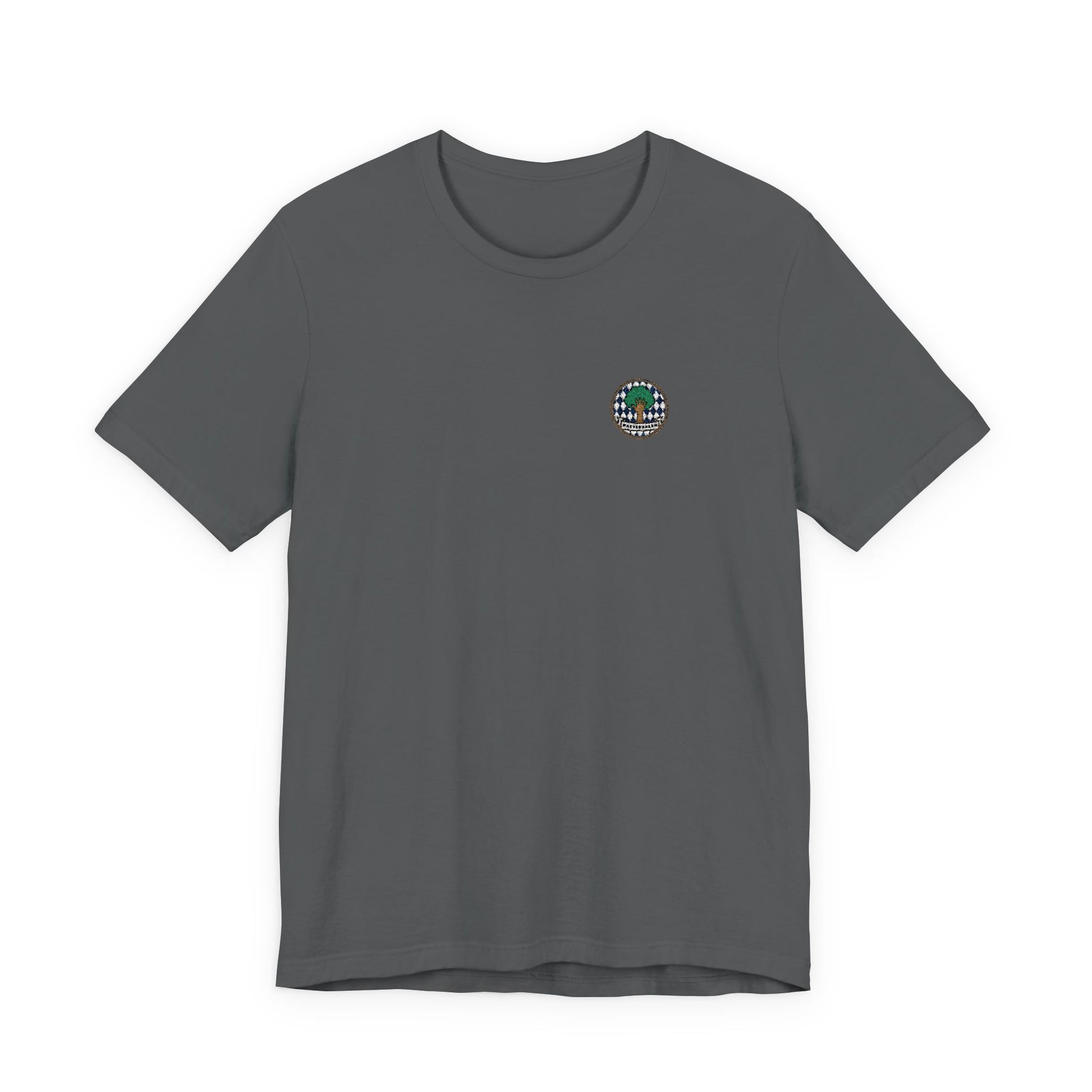 Besticktes Watschnbaam T-Shirt mit Bayern-Rauten, Baum und Hand für bayerischen Dialekt-Humor in asphalt