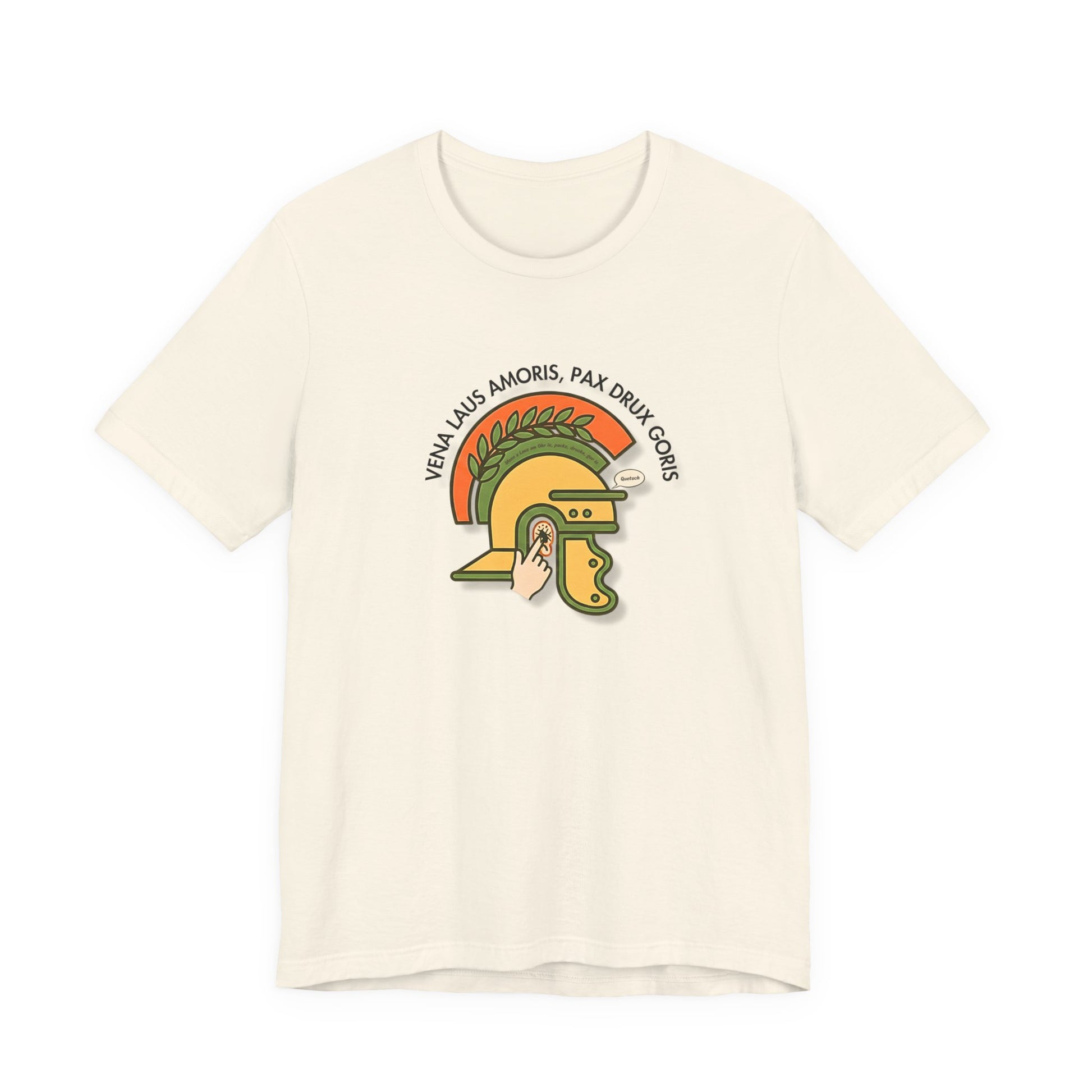 Vena Laus Amoris natural farbenes T-Shirt mit römischem Helm und Laus am Ohr Illustration – Bayrischer Latein-Humor für Lehrer.