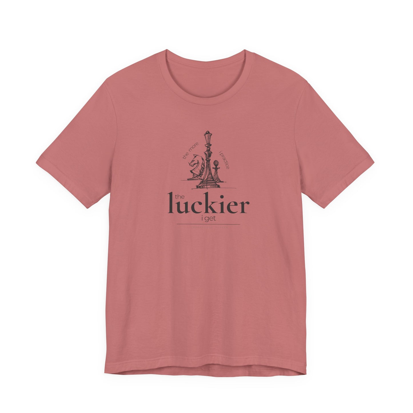 Mauve coloured shirt mockup showing vintage chess sketch and the phrase the more I practice the luckier I get