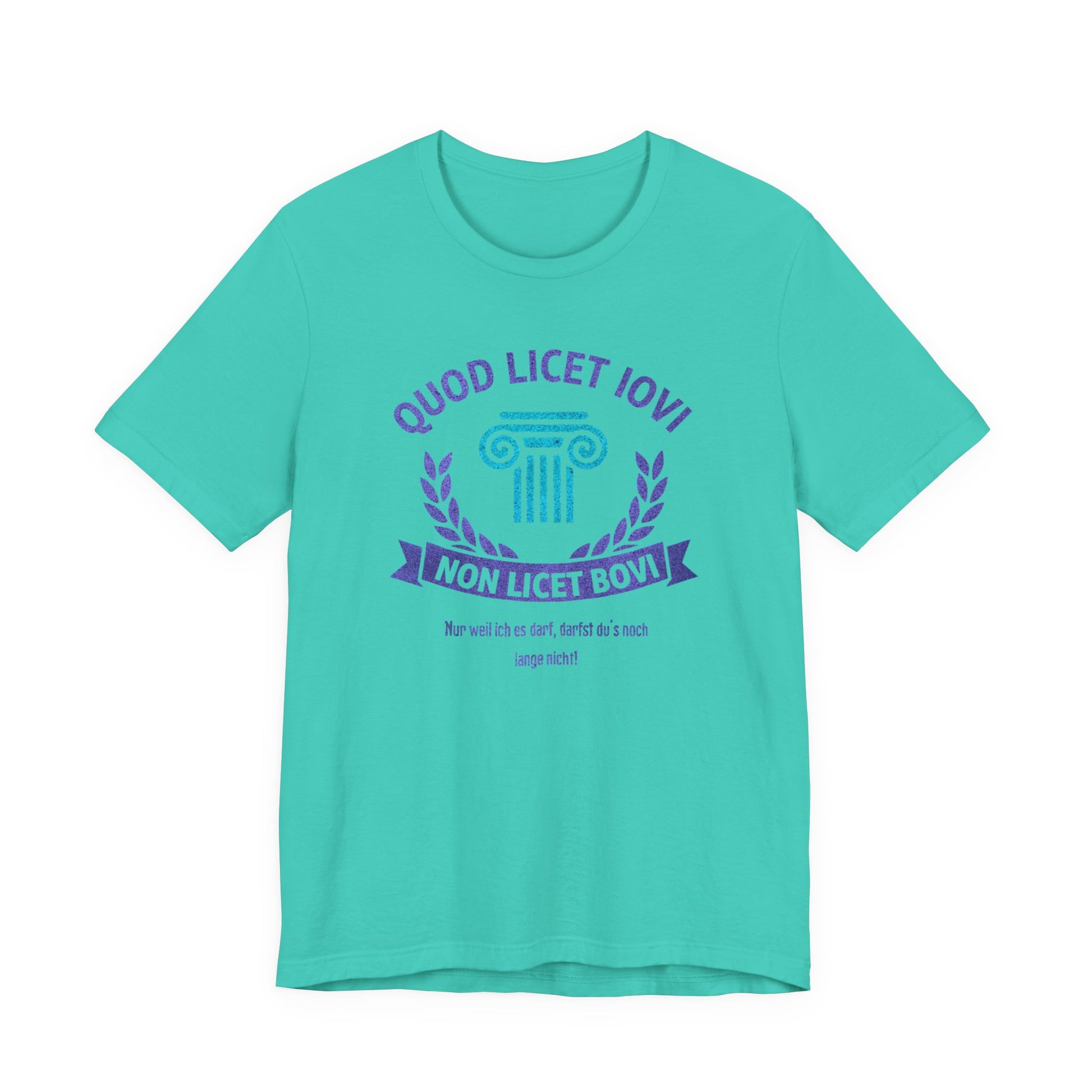 Latein teal farbenes T-Shirt Quod licet Iovi non licet bovi mit violetter römischer Säule und Lorbeerkranz für Lehrer