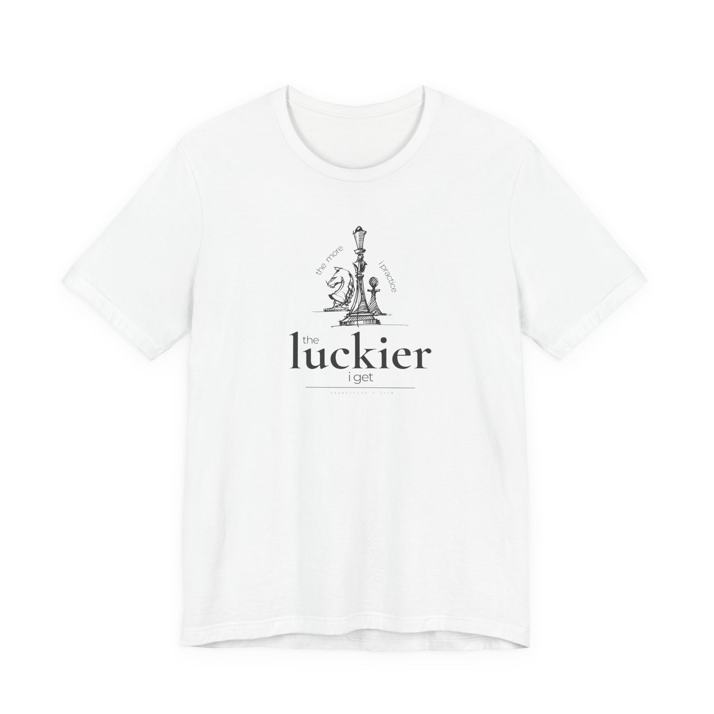 white shirt mockup showing vintage chess sketch and the phrase the more I practice the luckier I get