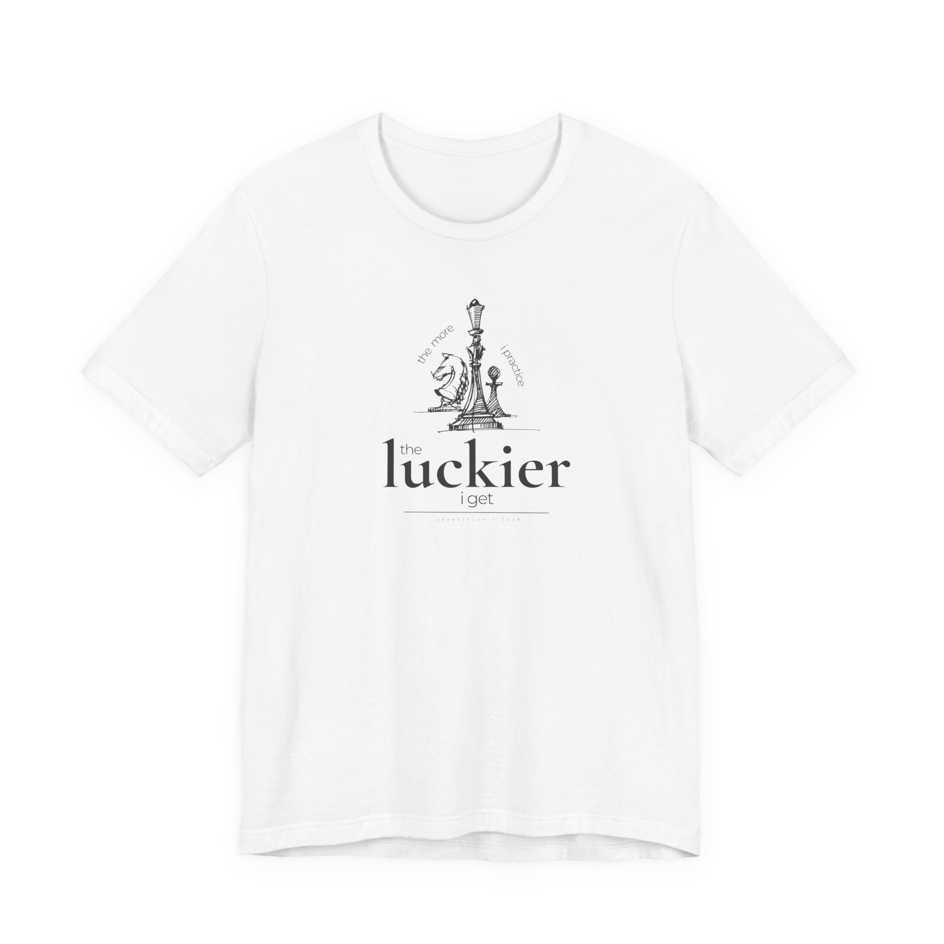 white shirt mockup showing vintage chess sketch and the phrase the more I practice the luckier I get