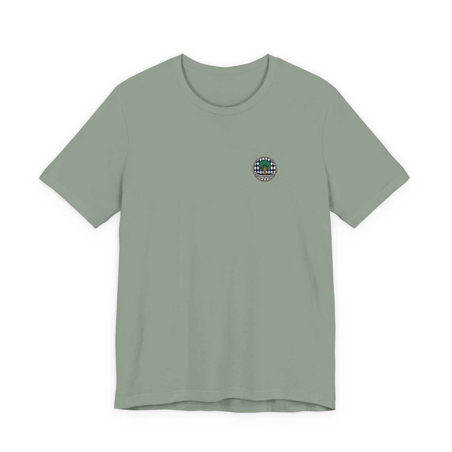 Besticktes Watschnbaam T-Shirt mit Bayern-Rauten, Baum und Hand für bayerischen Dialekt-Humor in sage farben
