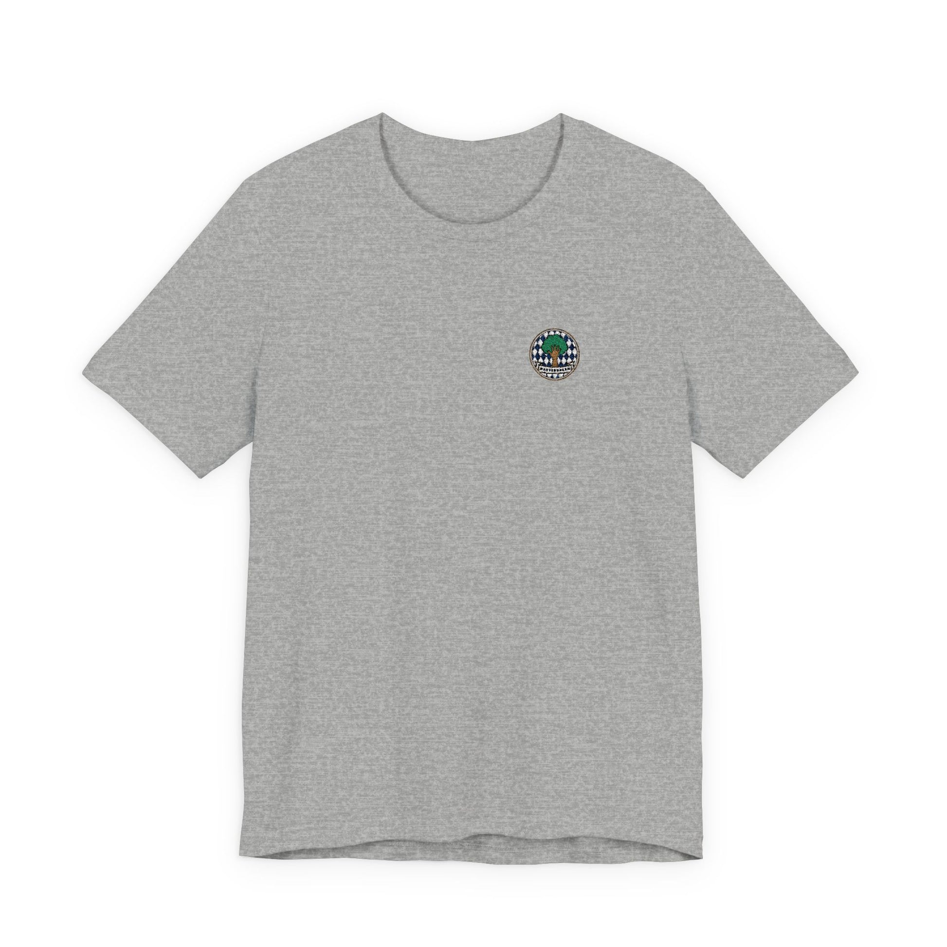 Besticktes Watschnbaam T-Shirt mit Bayern-Rauten, Baum und Hand für bayerischen Dialekt-Humor in grau