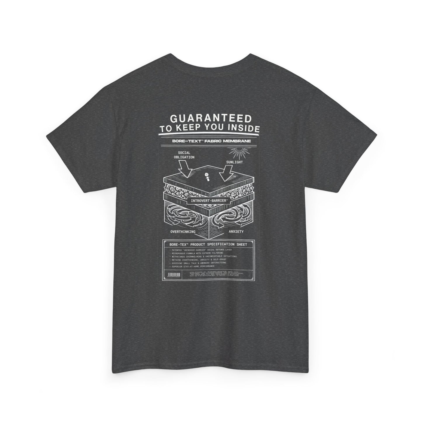 BORE-TEX Anti-Gorpcore T-Shirt mit technischem Diagramm für Introvertierte in dark heather