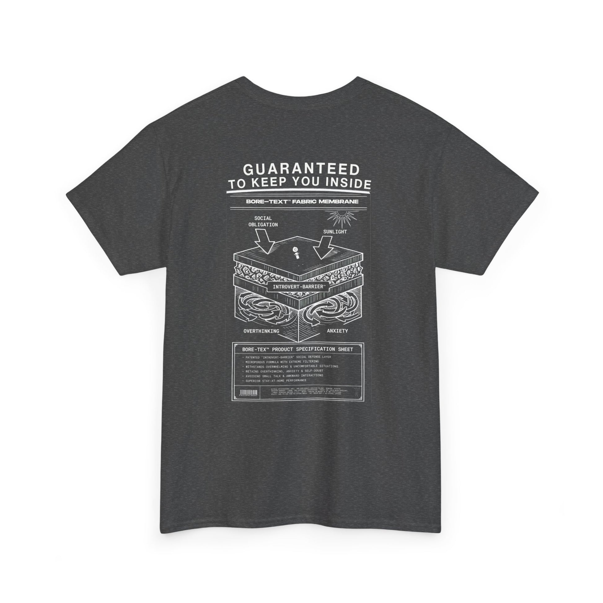 BORE-TEX Anti-Gorpcore T-Shirt mit technischem Diagramm für Introvertierte in dark heather