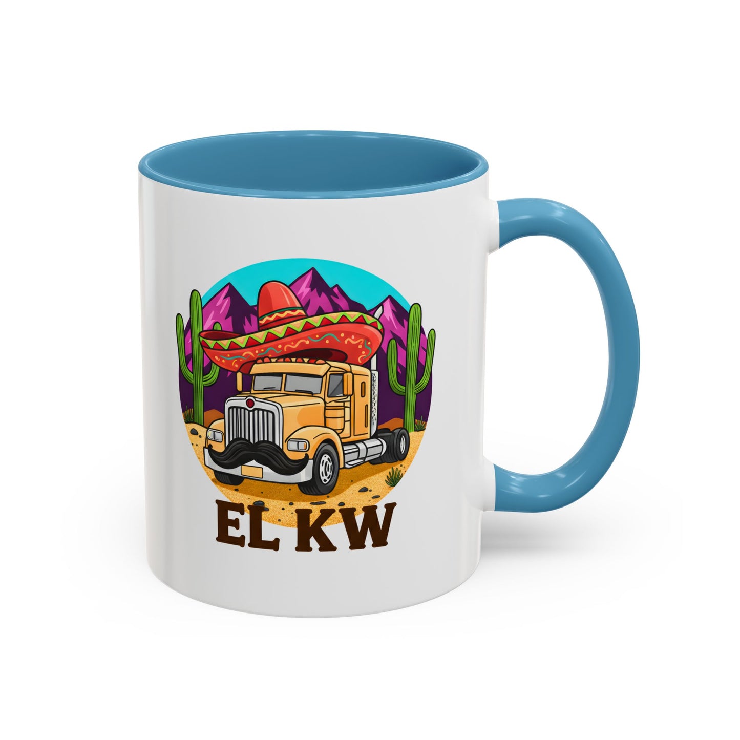 El KW Tasse in light blue – Wortwitz „El KW“, Keramik 11oz, Frontansicht