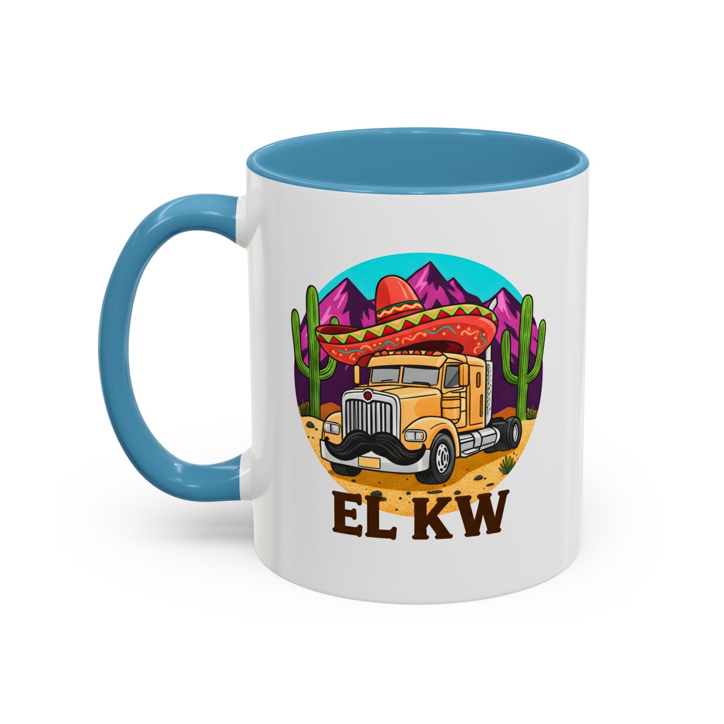 El KW Tasse in light blue– deutsch-spanischer Wortwitz, Keramik 11oz, Frontansicht, griff links