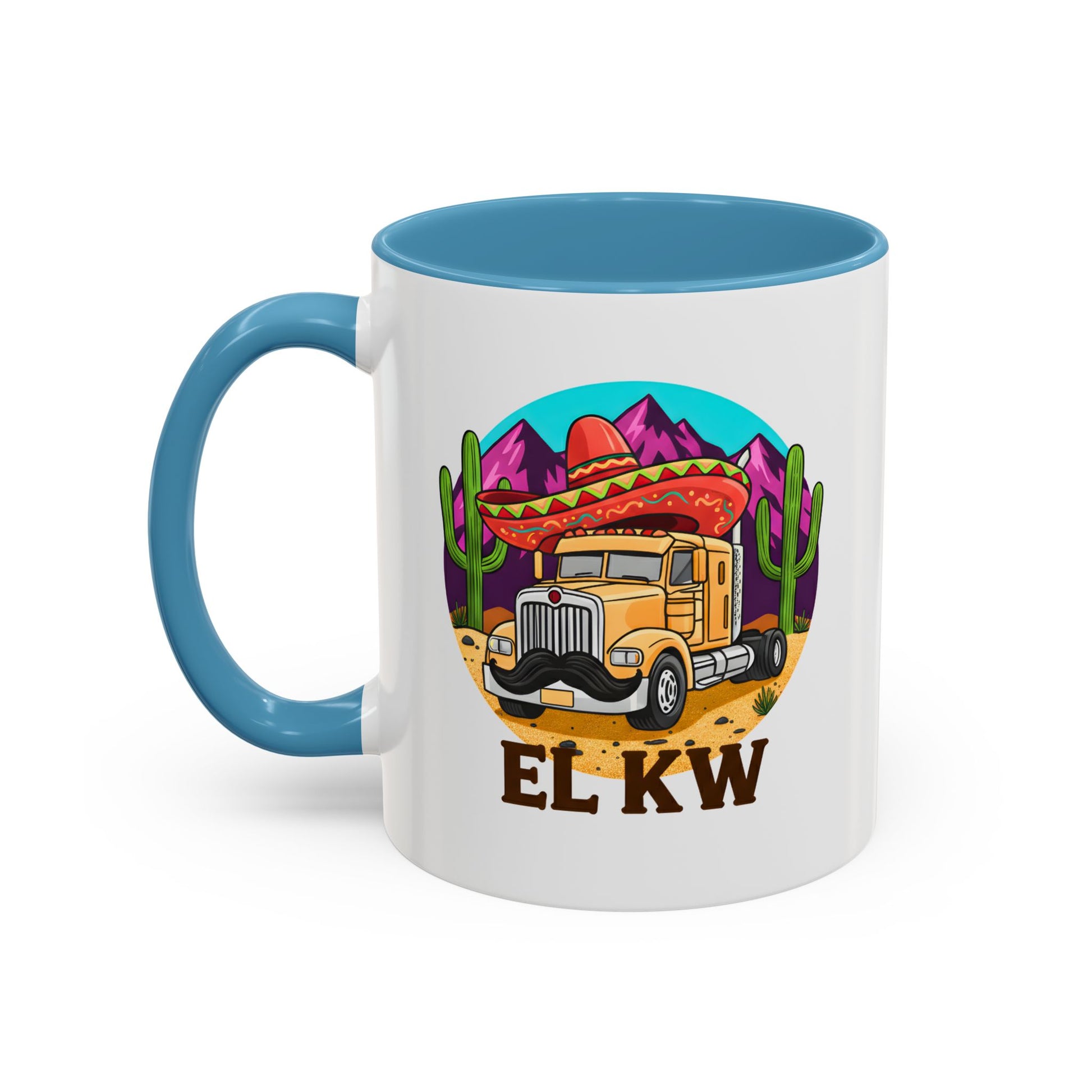 El KW Tasse in light blue– deutsch-spanischer Wortwitz, Keramik 11oz, Frontansicht, griff links