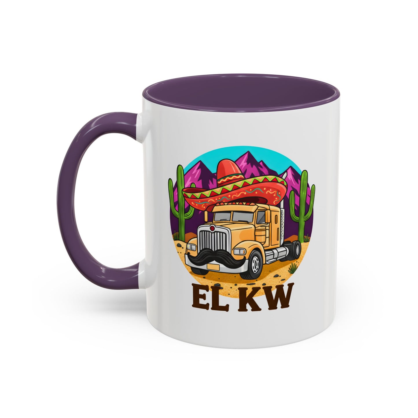 Alt-Text: El KW Tasse in purple – Wortwitz „El KW“, Keramik 11oz, Frontansicht, griff links